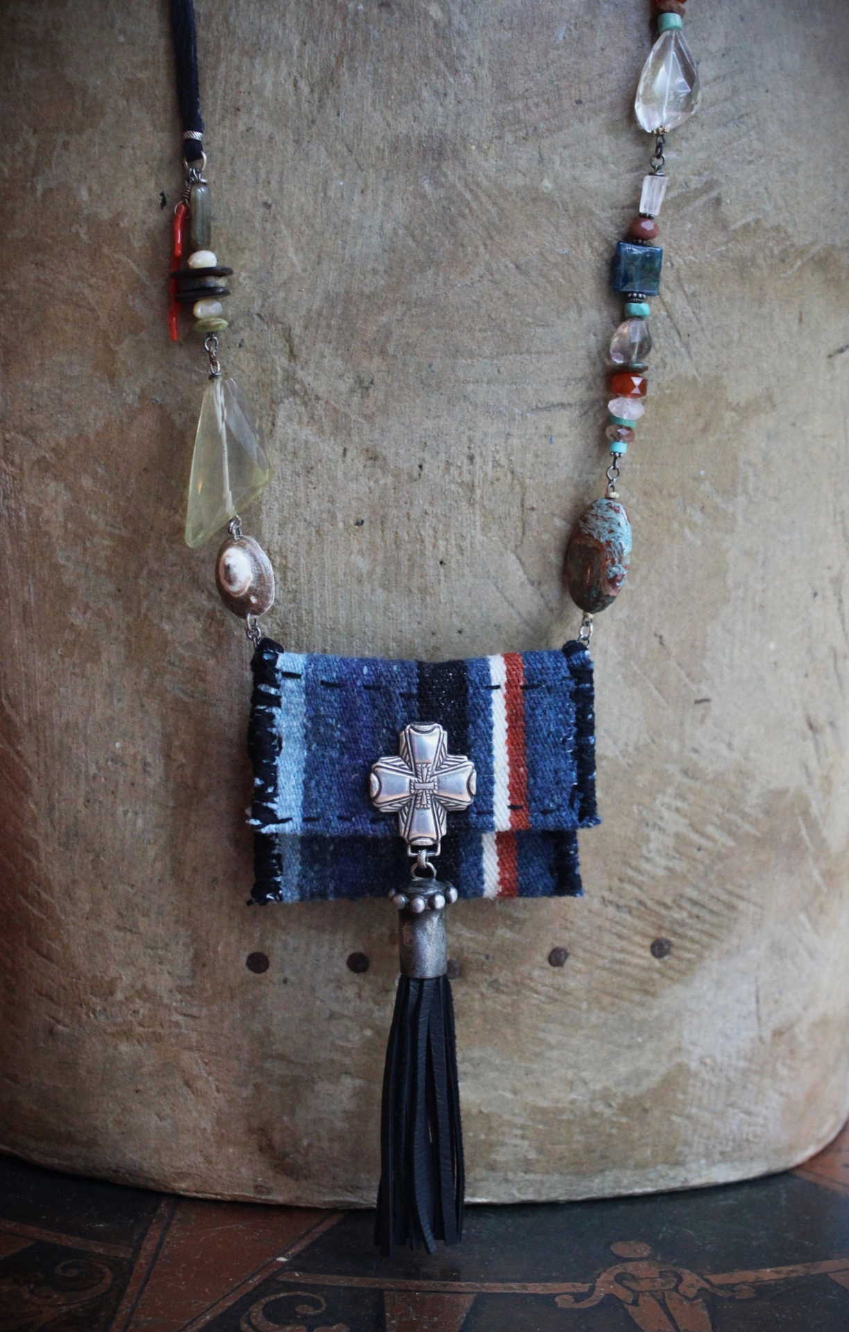 Antique Loomed Serape Textile Pouch Necklace with Blessing and Prayer Book, Multiple Gemstones, Butter Soft Black Leather Ties