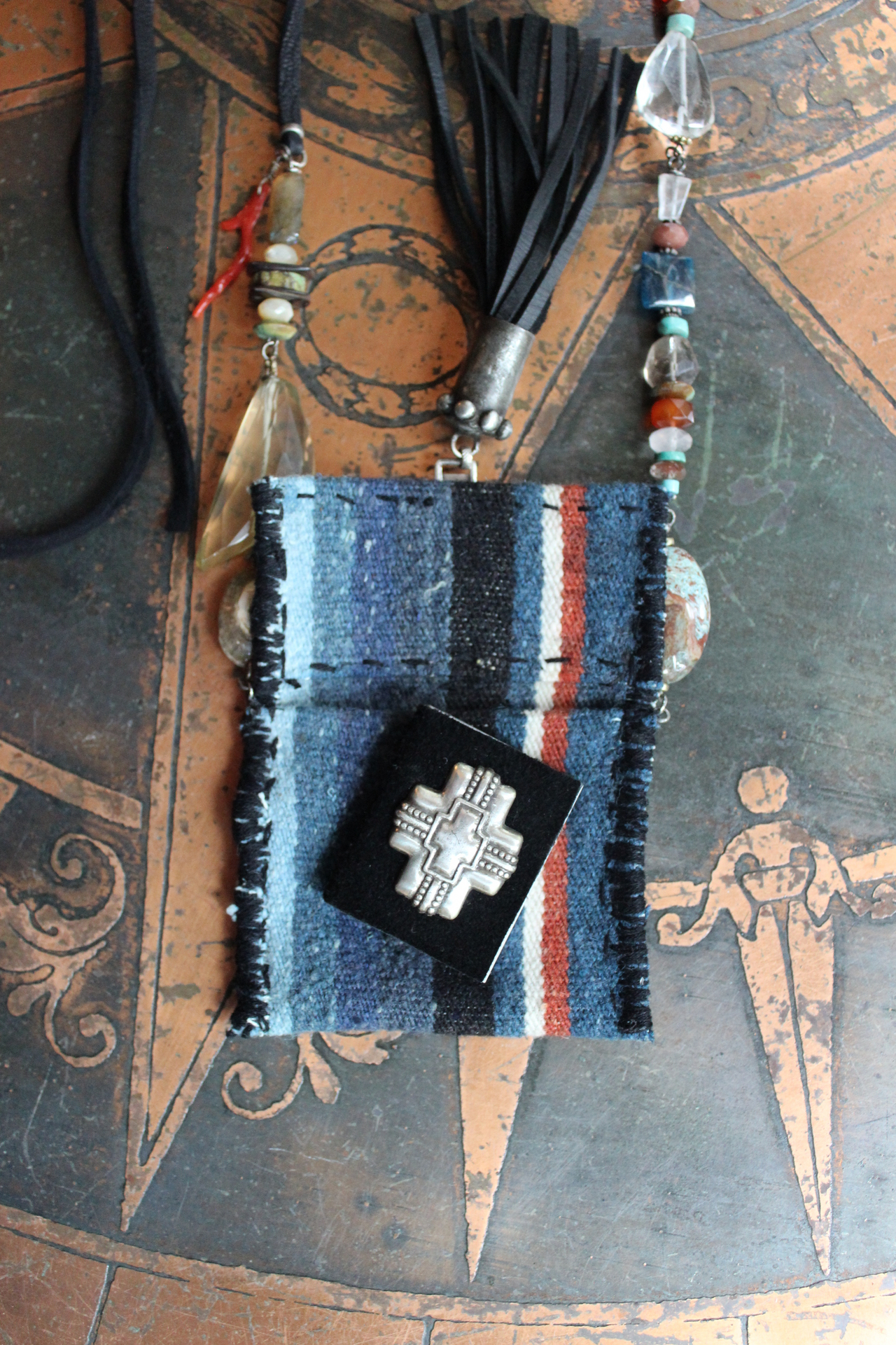 Antique Loomed Serape Textile Pouch Necklace with Blessing and Prayer Book, Multiple Gemstones, Butter Soft Black Leather Ties