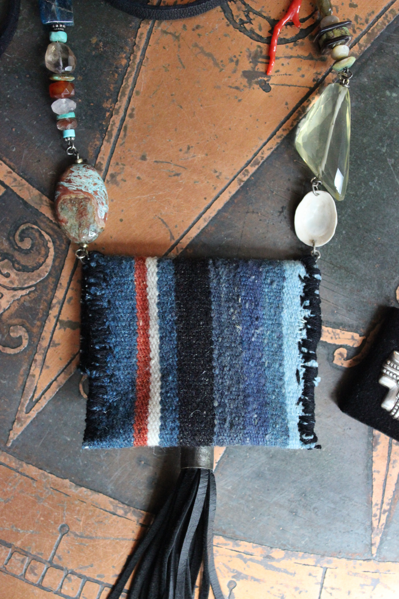 Antique Loomed Serape Textile Pouch Necklace with Blessing and Prayer Book, Multiple Gemstones, Butter Soft Black Leather Ties