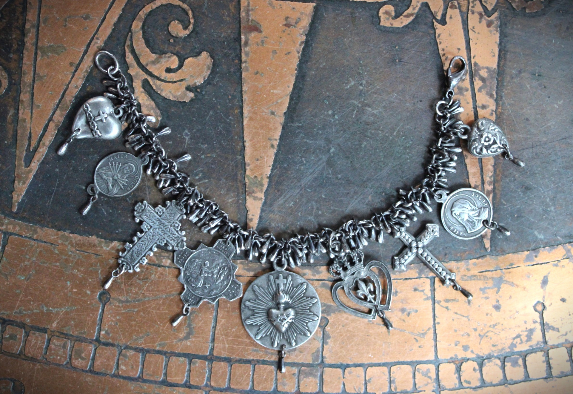 NEW! Sterling Charm Bracelet with 9 Unique French Medals and Crosses, Dozens of Sterling Tear Drops and Sterling Clasp