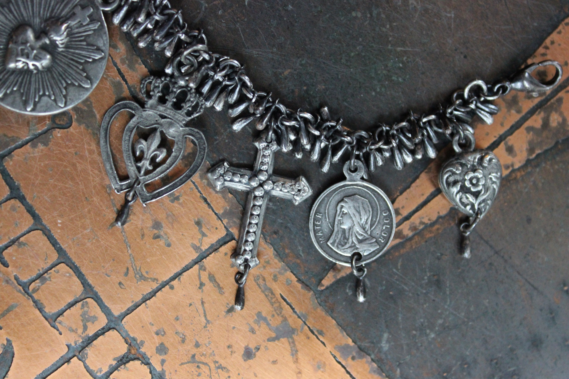 NEW! Sterling Charm Bracelet with 9 Unique French Medals and Crosses, Dozens of Sterling Tear Drops and Sterling Clasp