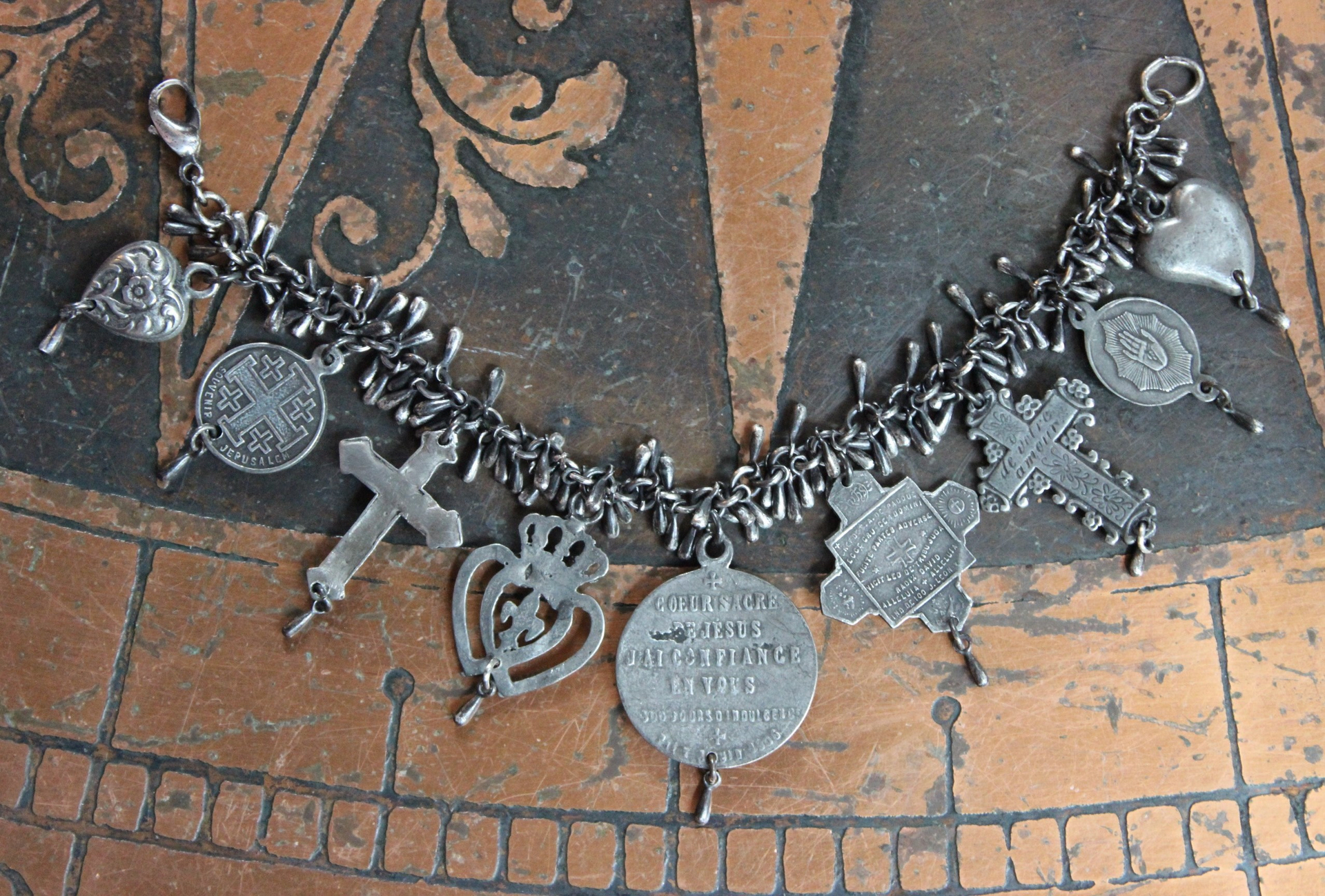 NEW! Sterling Charm Bracelet with 9 Unique French Medals and Crosses, Dozens of Sterling Tear Drops and Sterling Clasp