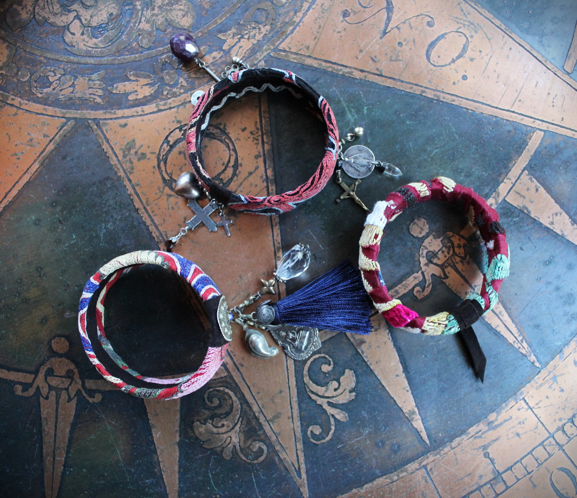 Antique Embroidered Textile Bangle Set with Antique Medals and Crosses, Gemstone Drops,Quartz Point,Silk Tassel & More!