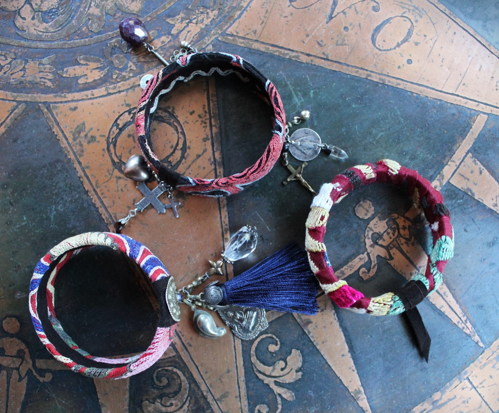 Antique Embroidered Textile Bangle Set with Antique Medals and Crosses, Gemstone Drops,Quartz Point,Silk Tassel & More!