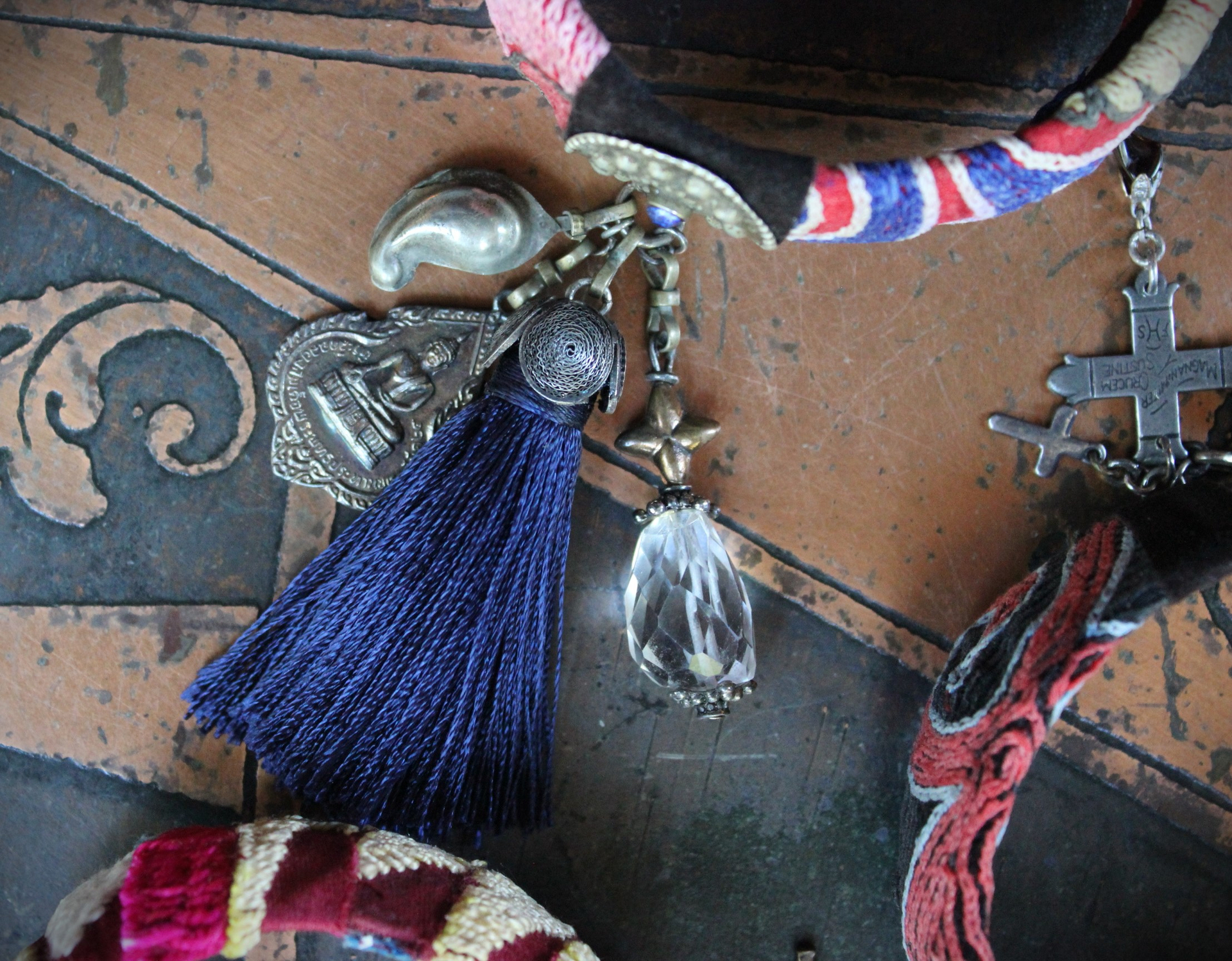 Antique Embroidered Textile Bangle Set with Antique Medals and Crosses, Gemstone Drops,Quartz Point,Silk Tassel & More!