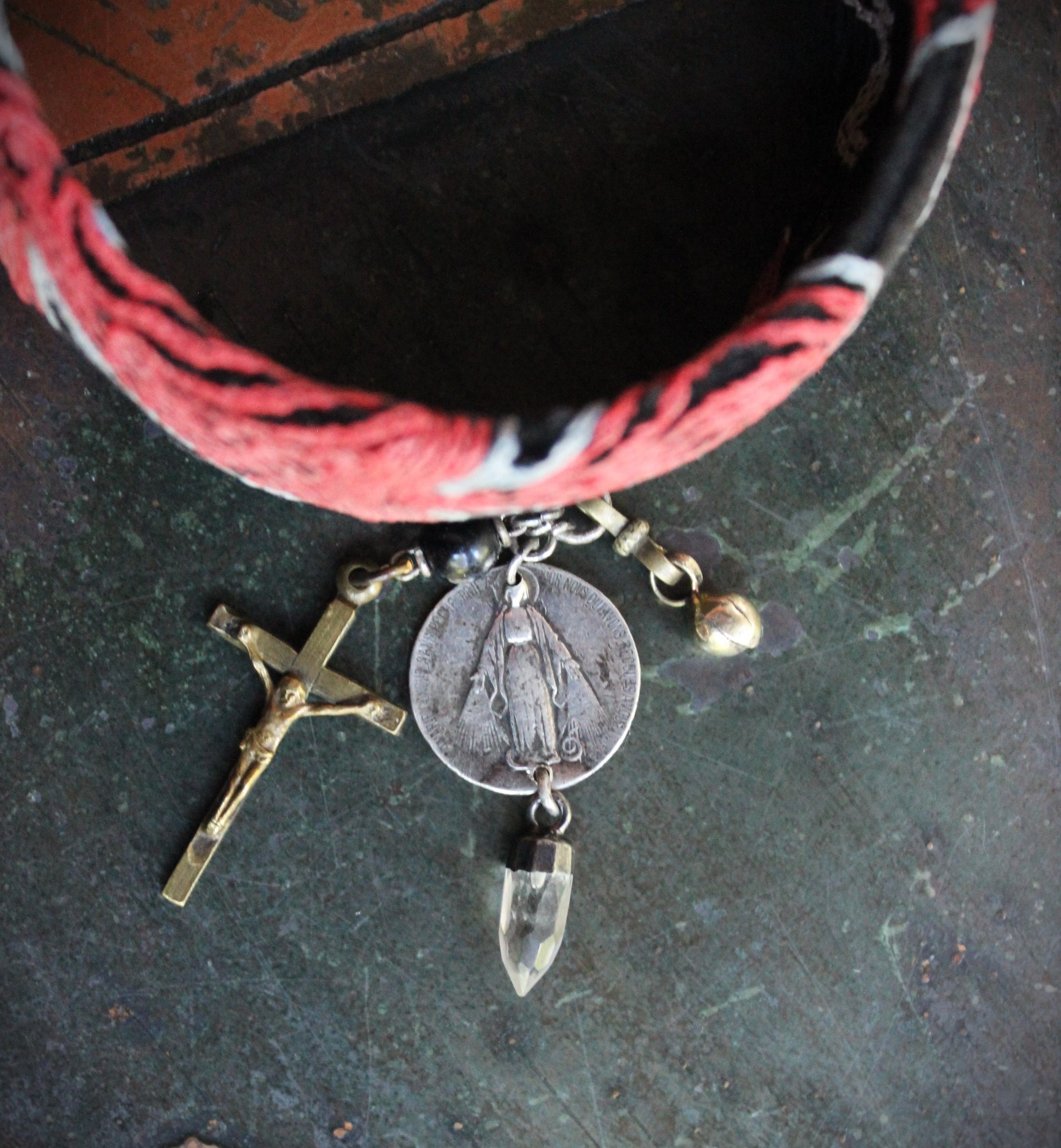 Antique Embroidered Textile Bangle Set with Antique Medals and Crosses, Gemstone Drops,Quartz Point,Silk Tassel & More!