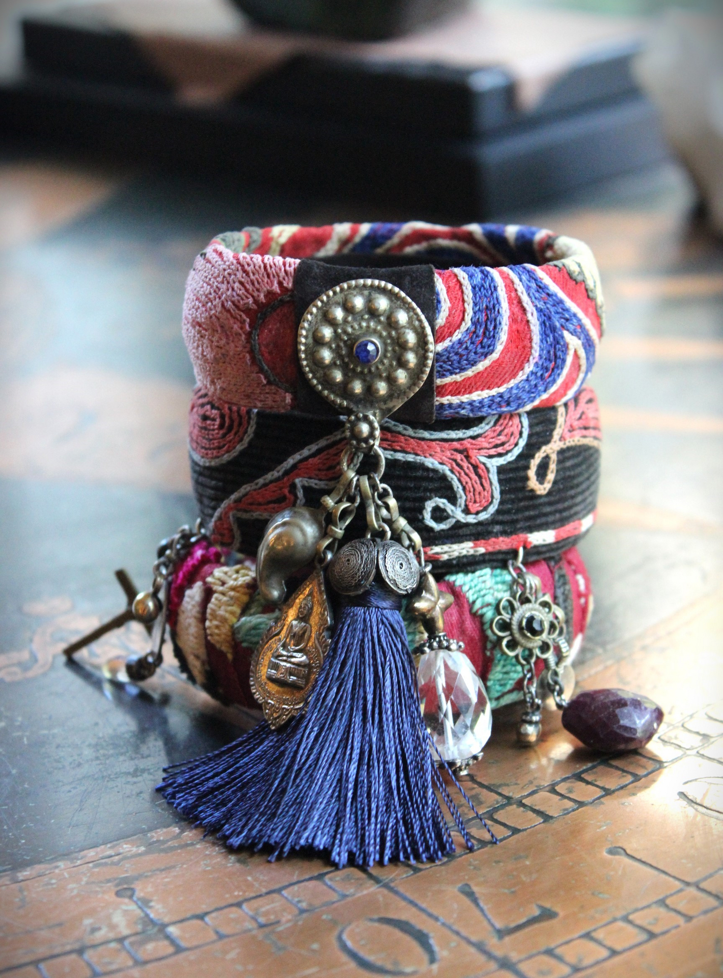 Antique Embroidered Textile Bangle Set with Antique Medals and Crosses, Gemstone Drops,Quartz Point,Silk Tassel & More!