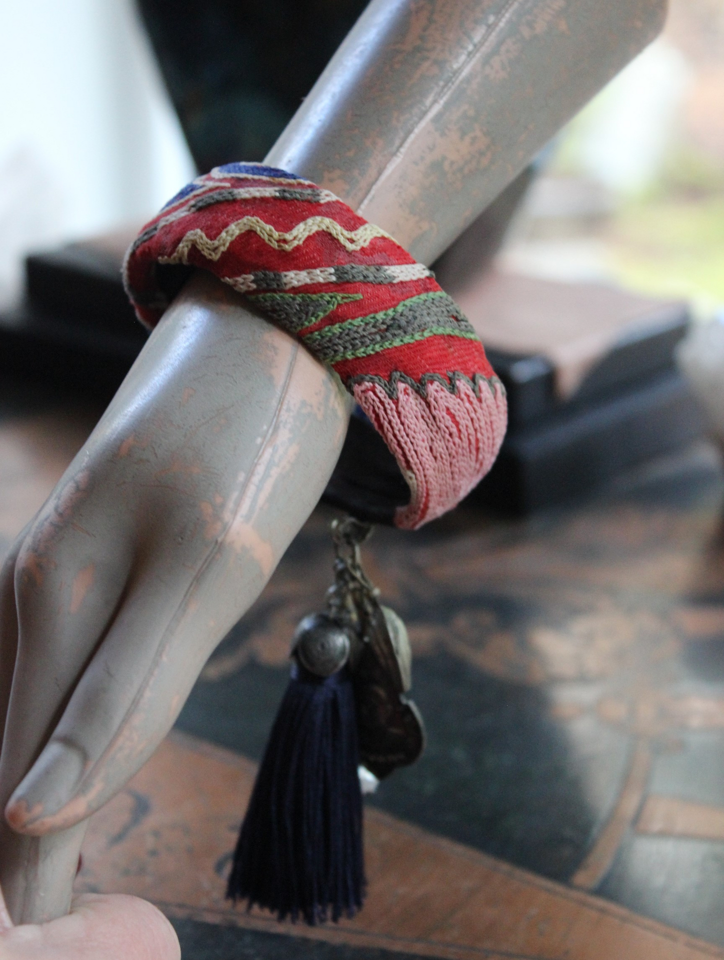 Antique Embroidered Textile Bangle Set with Antique Medals and Crosses, Gemstone Drops,Quartz Point,Silk Tassel & More!