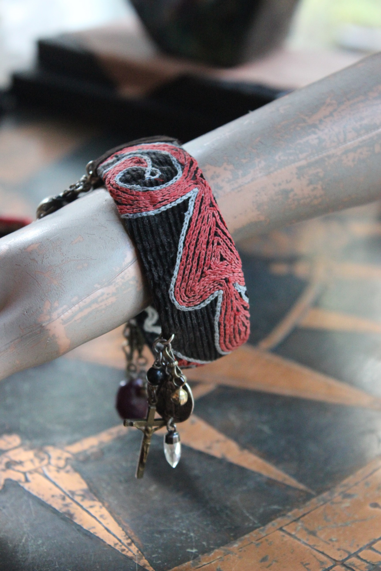 Antique Embroidered Textile Bangle Set with Antique Medals and Crosses, Gemstone Drops,Quartz Point,Silk Tassel & More!