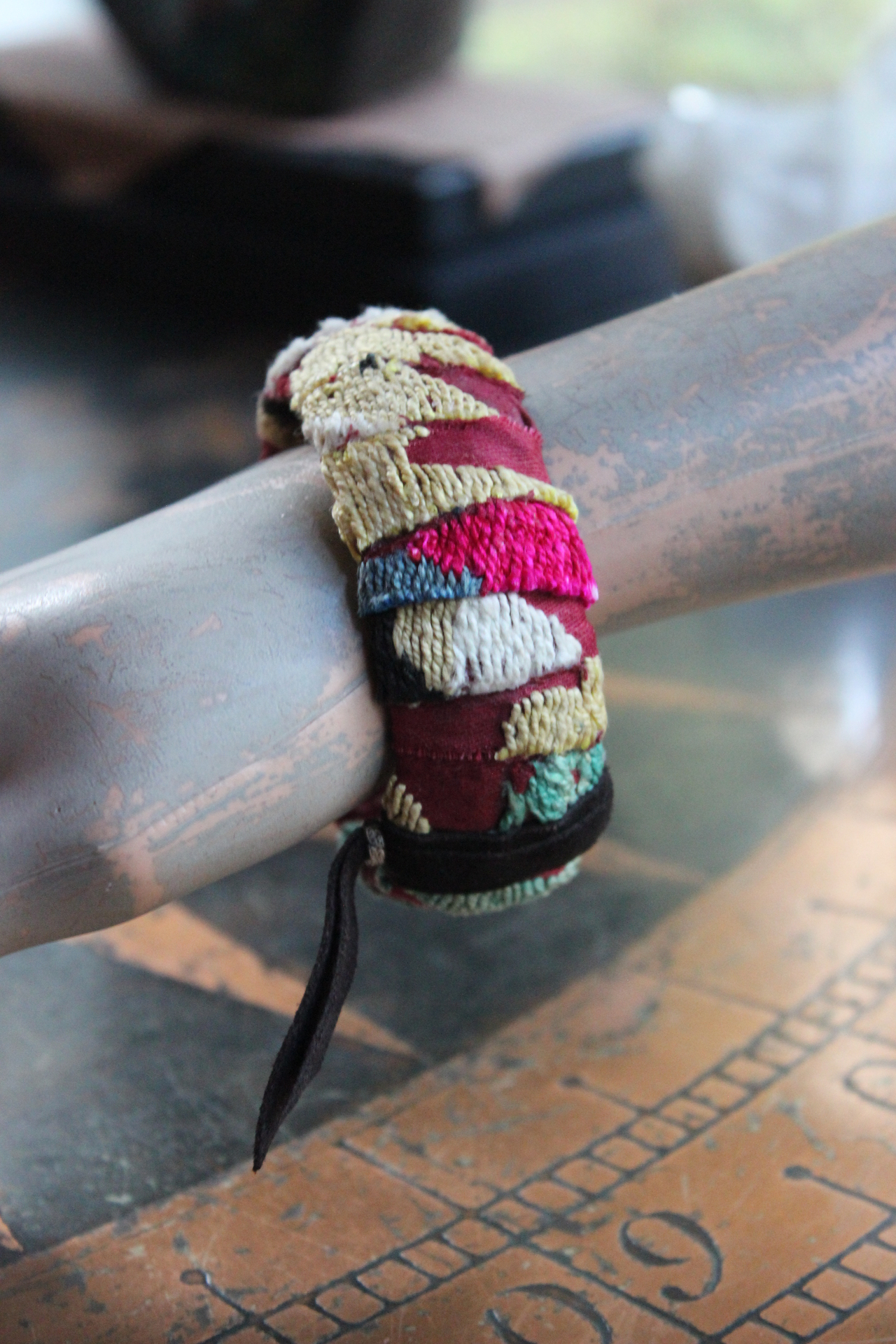 Antique Embroidered Textile Bangle Set with Antique Medals and Crosses, Gemstone Drops,Quartz Point,Silk Tassel & More!