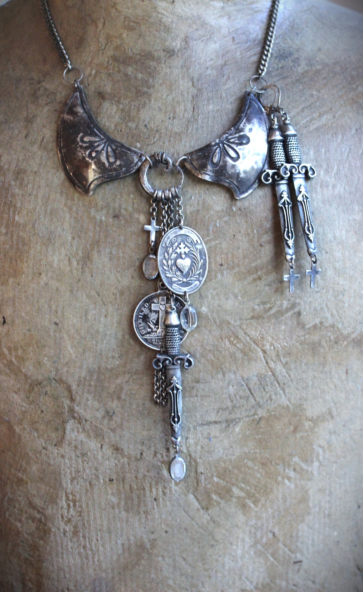 Your Own Strength Necklace & Earring Set with Unique Sterling Findings, Sterling Sacred Heart Medals, Swords and Bezel Set Faceted Crystals