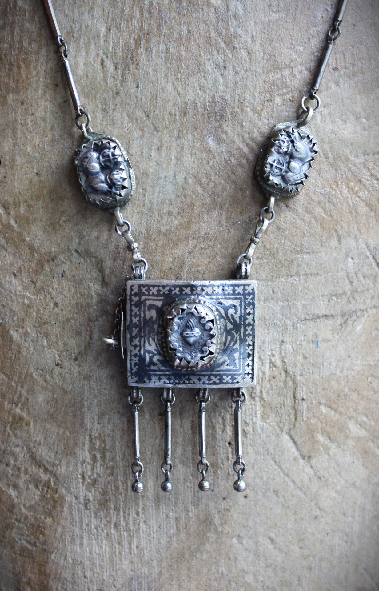 Antique Sacred Heart Kuchi Prayer Box Necklace with Vintage Bar Link and Kuchi Finding Chain