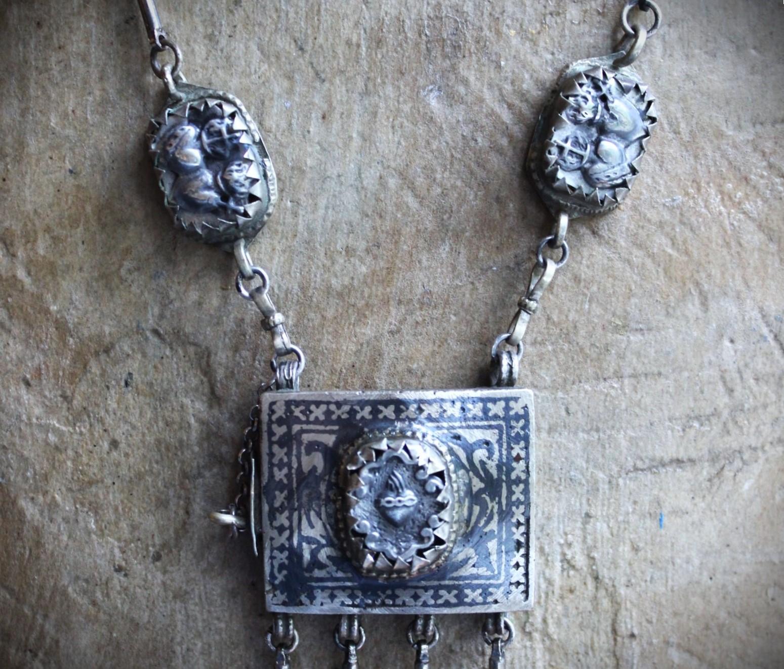 Antique Sacred Heart Kuchi Prayer Box Necklace with Vintage Bar Link and Kuchi Finding Chain