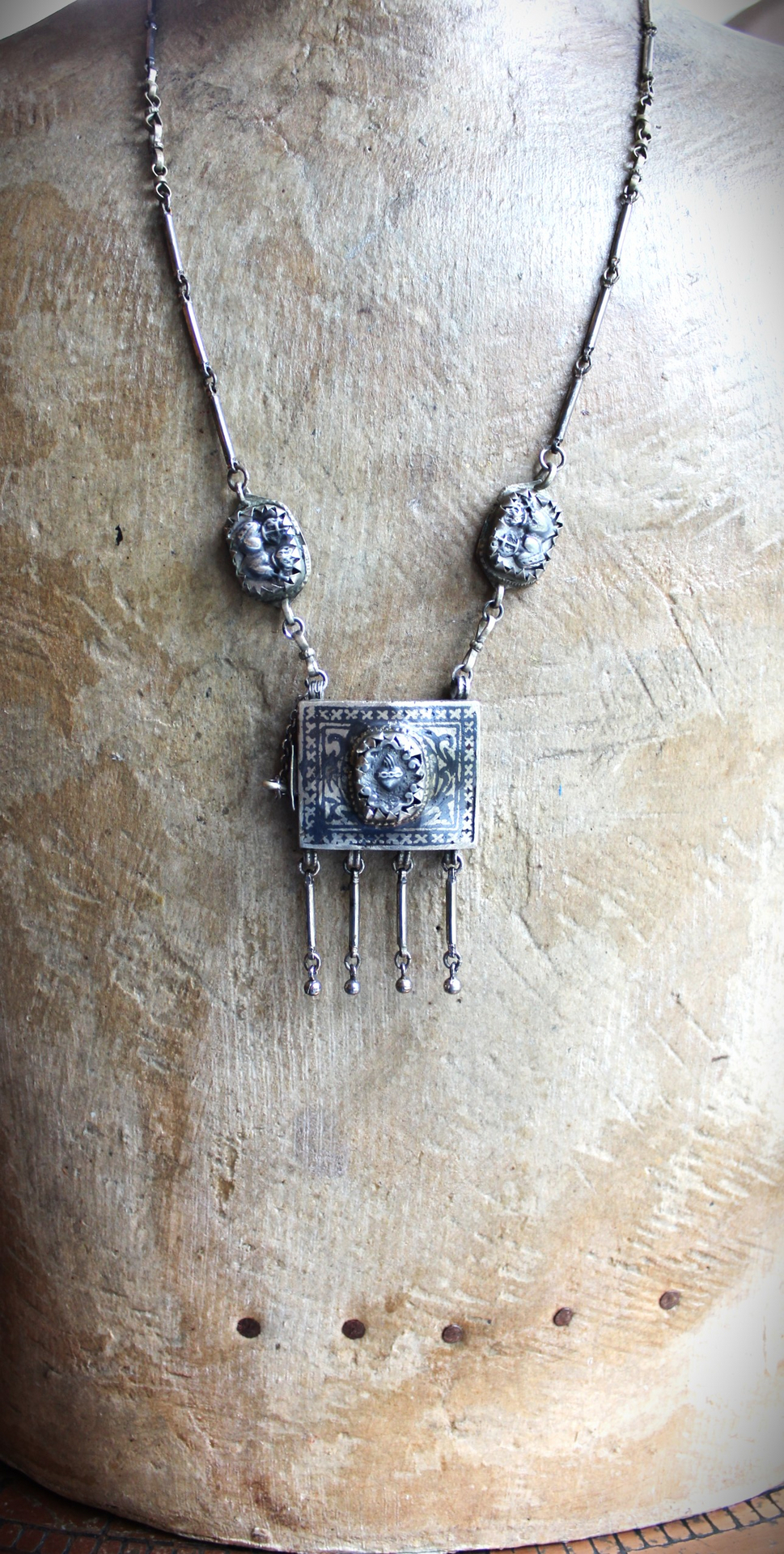 Antique Sacred Heart Kuchi Prayer Box Necklace with Vintage Bar Link and Kuchi Finding Chain