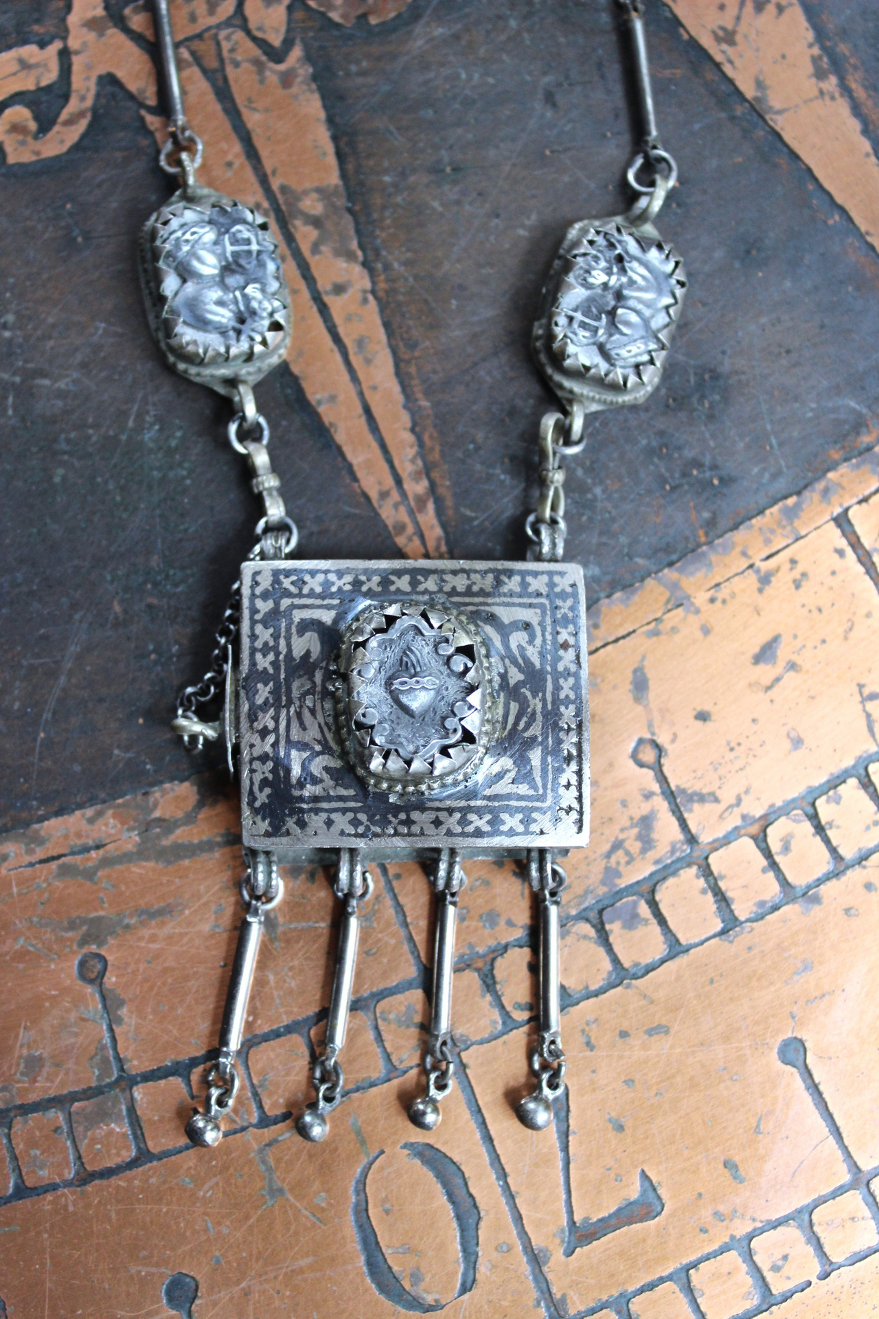 Antique Sacred Heart Kuchi Prayer Box Necklace with Vintage Bar Link and Kuchi Finding Chain