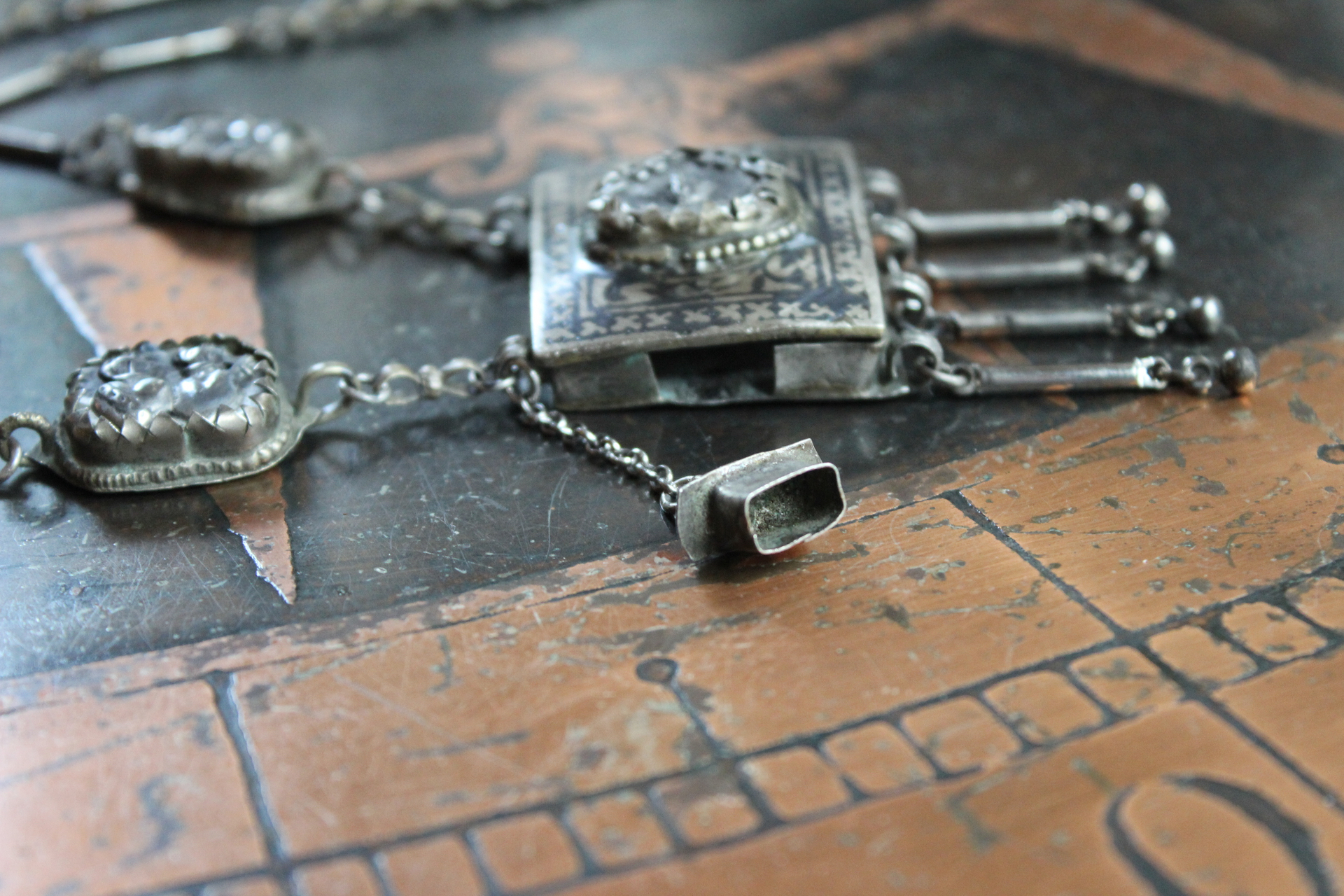 Antique Sacred Heart Kuchi Prayer Box Necklace with Vintage Bar Link and Kuchi Finding Chain