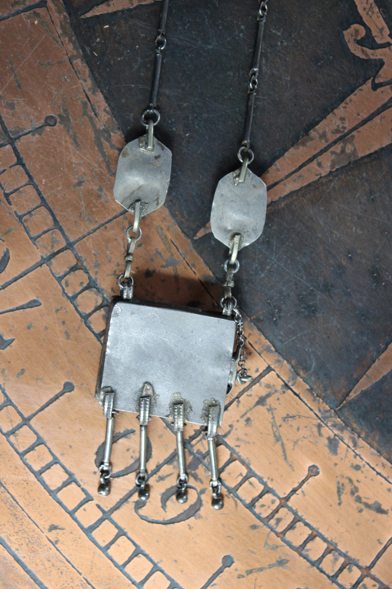 Antique Sacred Heart Kuchi Prayer Box Necklace with Vintage Bar Link and Kuchi Finding Chain