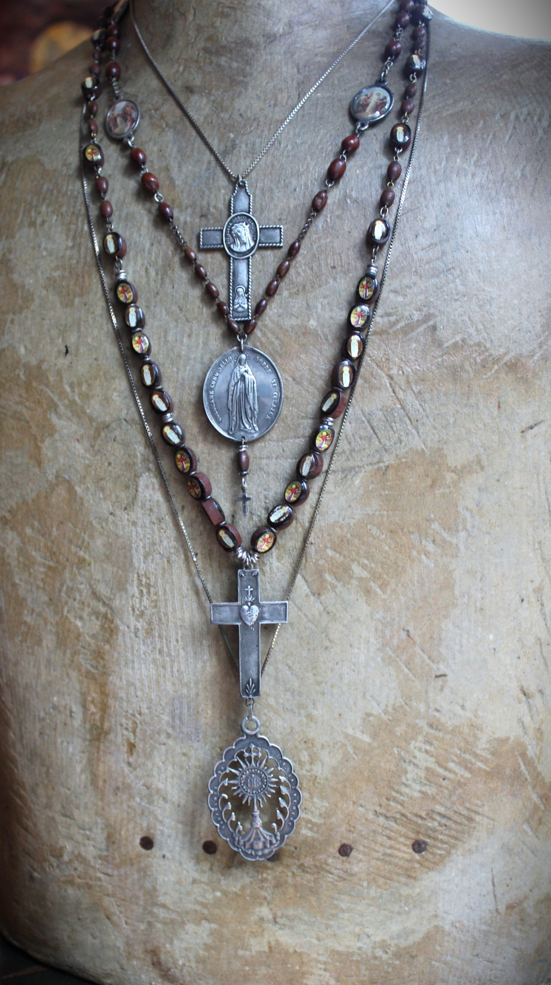 The Chalice 4 Strand Necklace with French Medals and Crosses,Vintage Cabochon Beads,Antique Rosary Chains,Sterling Chains and Sterling Clasp
