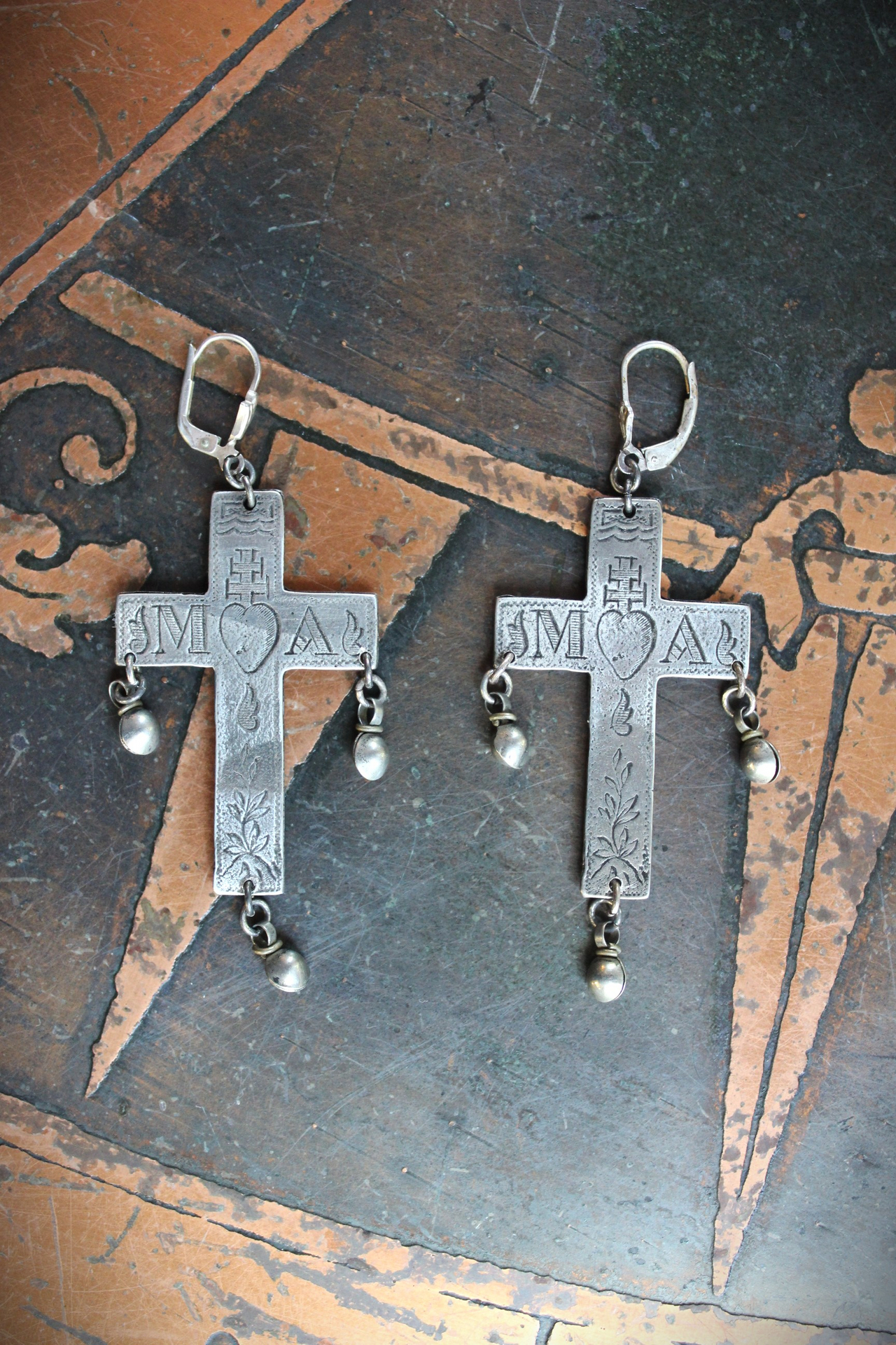 Merciful Mother Earrings with Engraved Silver French Crosses, Tiny Orb Drops and Sterling Leverback Earring Wires