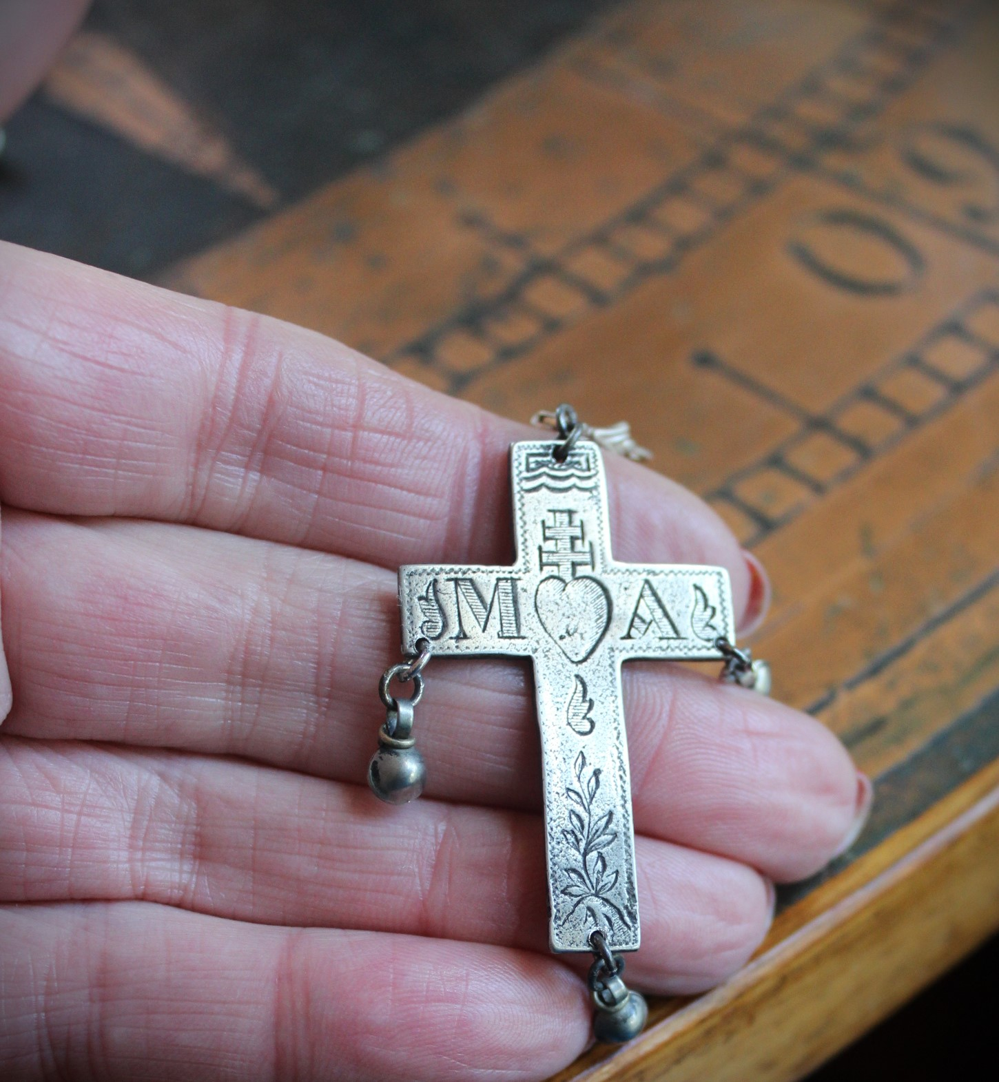 Merciful Mother Earrings with Engraved Silver French Crosses, Tiny Orb Drops and Sterling Leverback Earring Wires