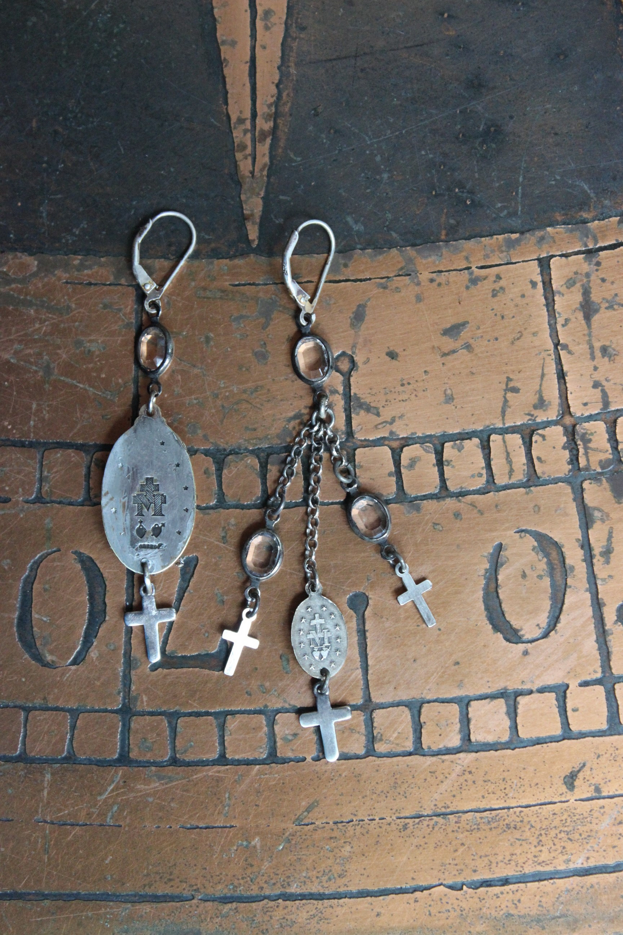 Mary's Angels Necklace & Set with French Medals, Rare Bezel Set Oval Faceted Crystal Chain, Tiny Sterling Crosses,Sterling Earring Wires