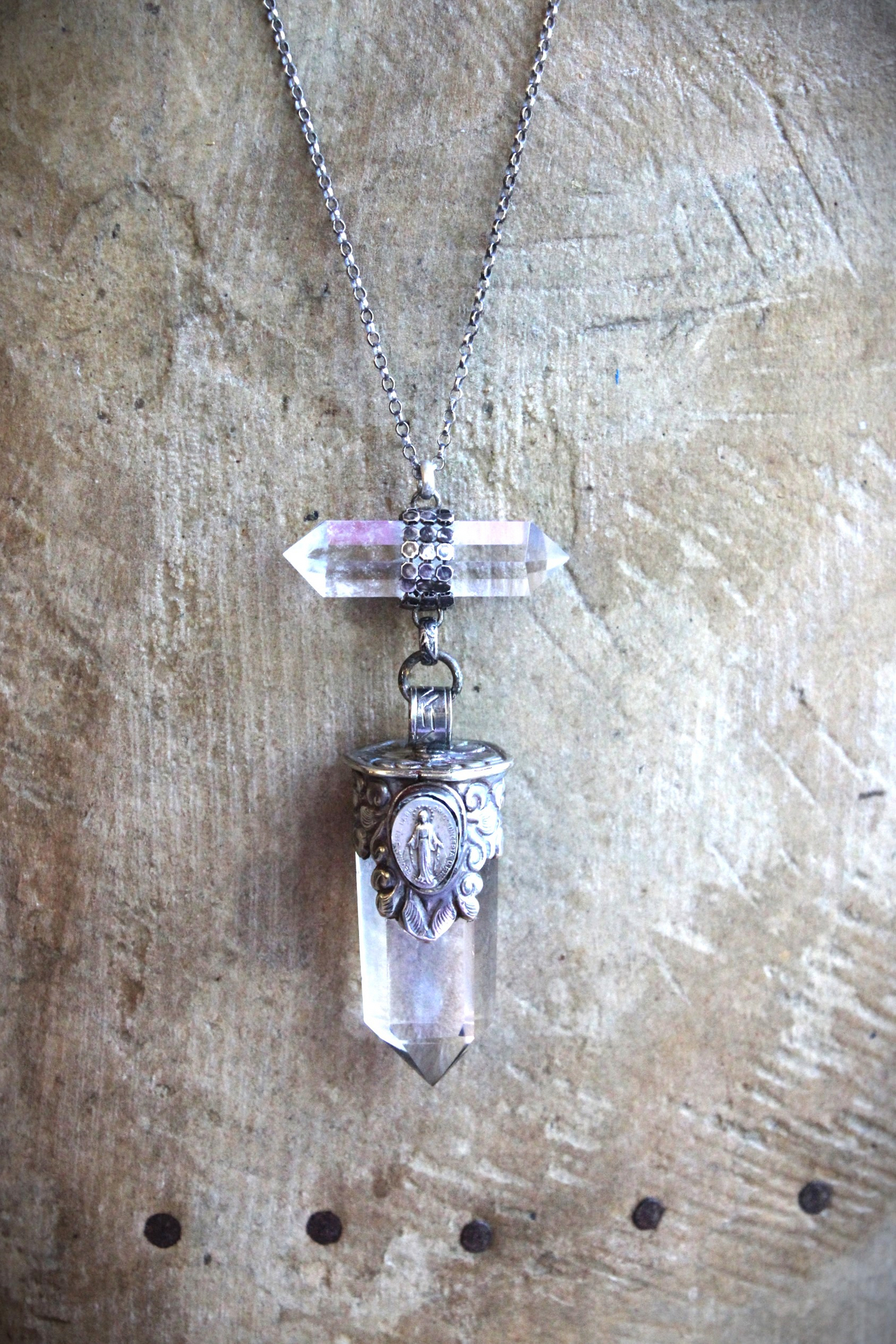 The Mother Necklace with Silver Capped Clear Quartz Crystal Point, Double Terminated Quartz Point, Sterling Chain and Sterling Toggle Clasp