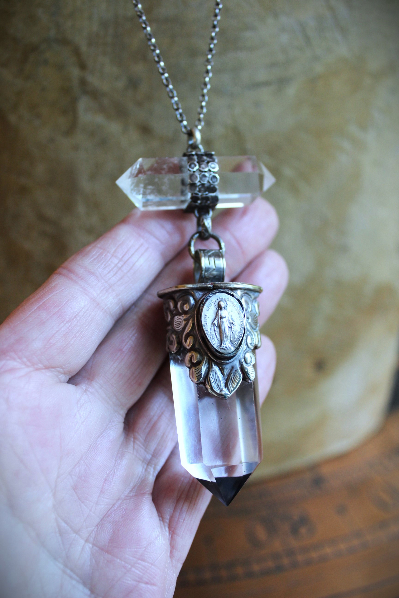 The Mother Necklace with Silver Capped Clear Quartz Crystal Point, Double Terminated Quartz Point, Sterling Chain and Sterling Toggle Clasp
