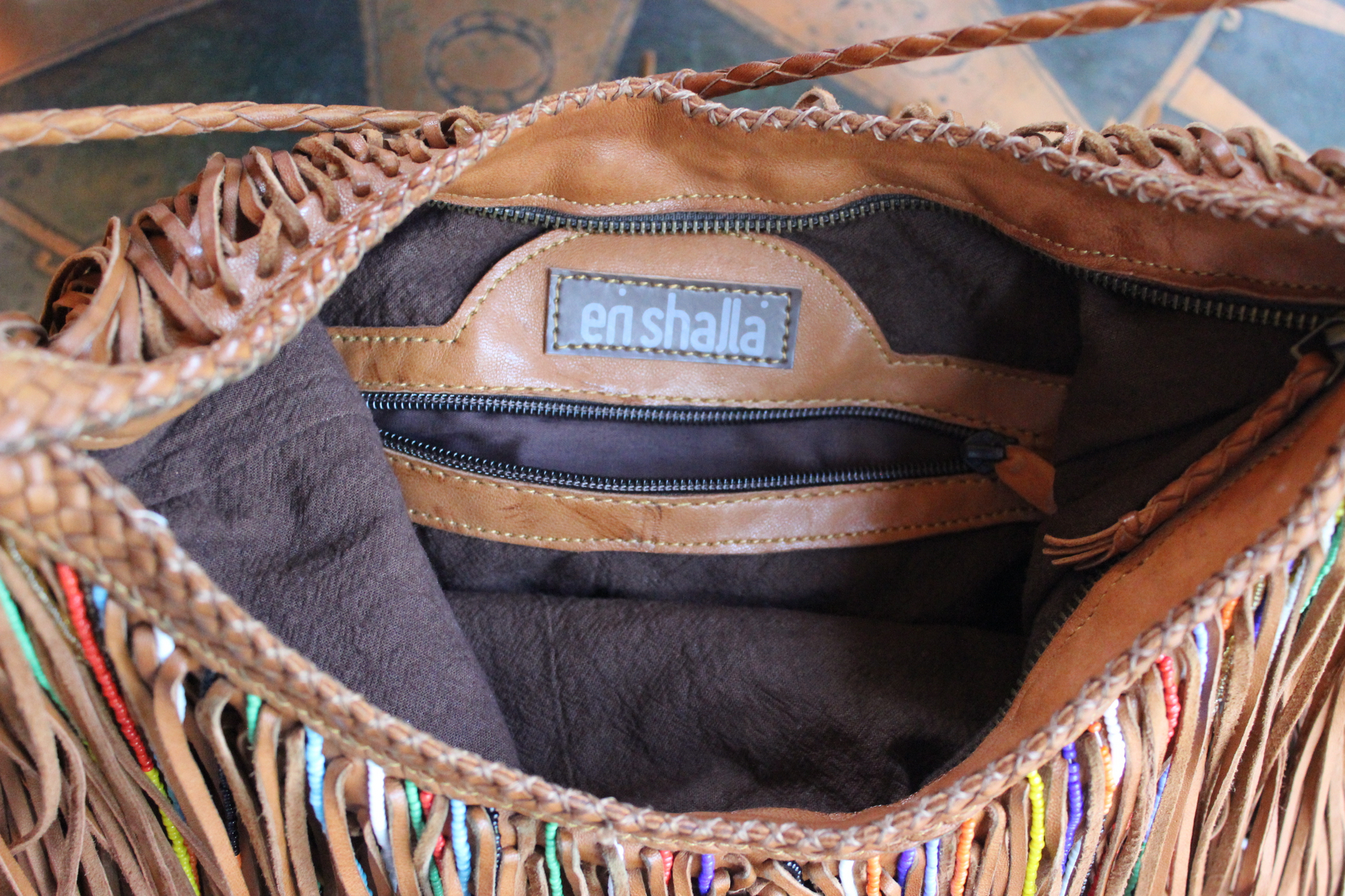 Rare En Shalla Leather and Bead Fringe Bag