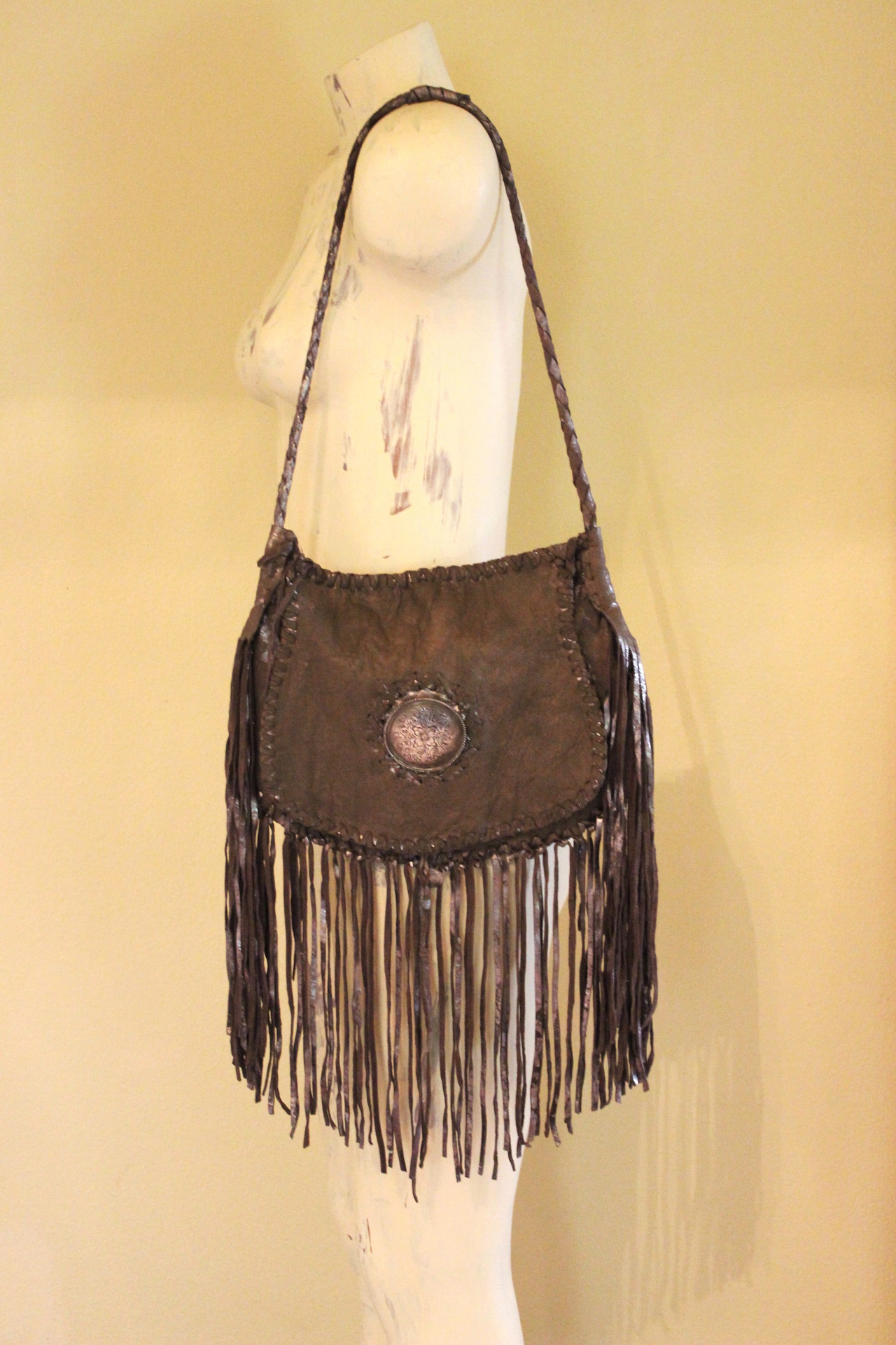 Totem Salvaged Distressed Leather Fringe Bag with Engraved Sterling Medallion and Buffalo Nickel Closure