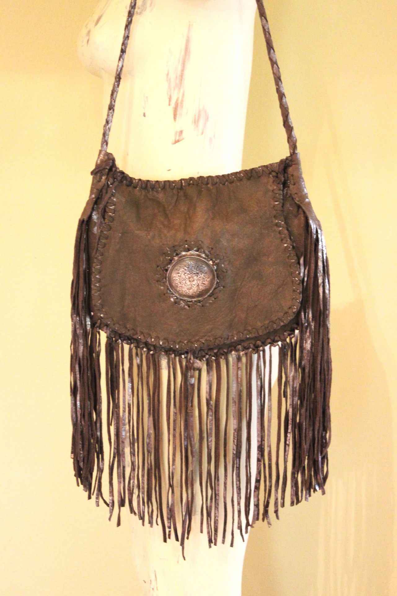 Totem Salvaged Distressed Leather Fringe Bag with Engraved Sterling Medallion and Buffalo Nickel Closure