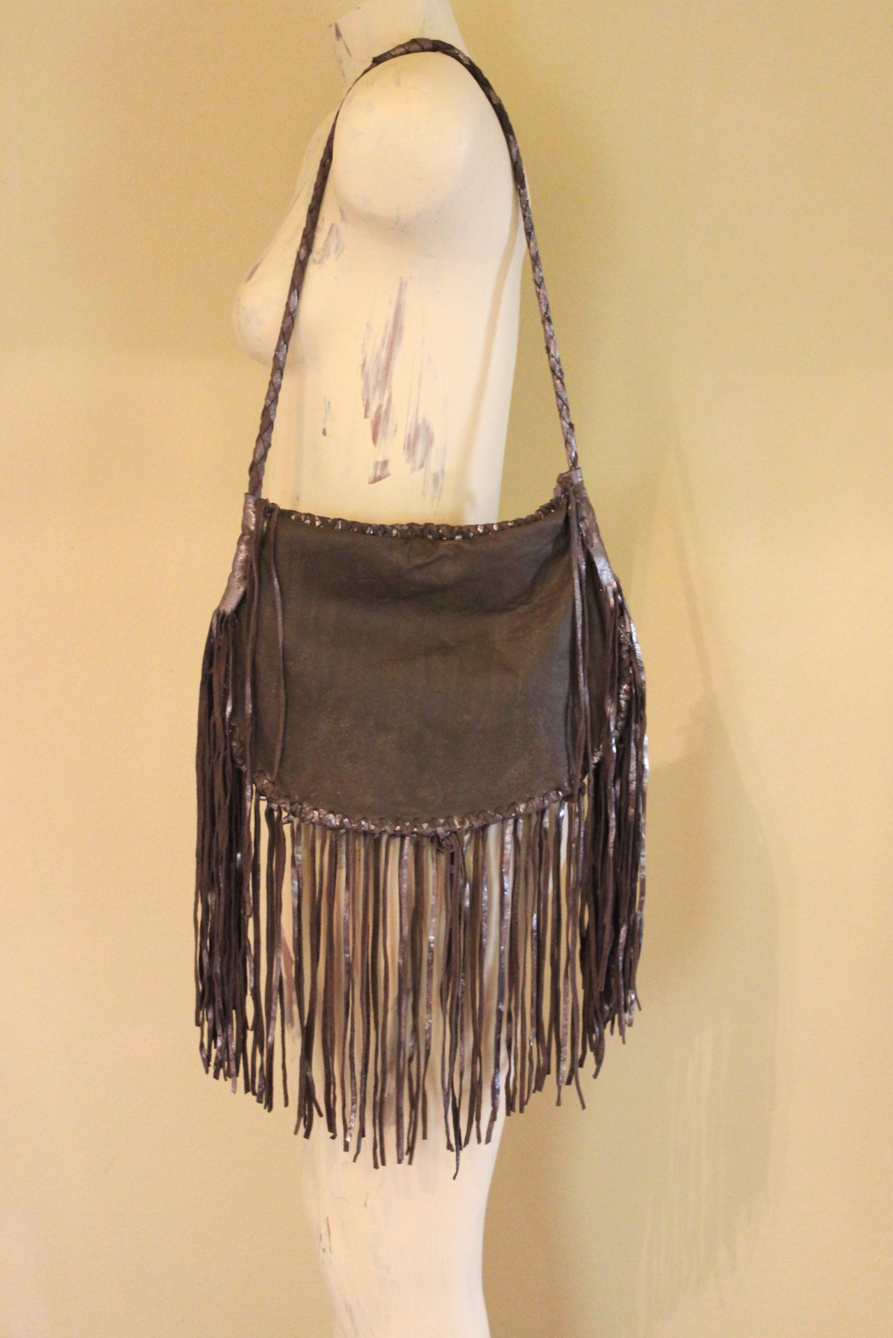 Totem Salvaged Distressed Leather Fringe Bag with Engraved Sterling Medallion and Buffalo Nickel Closure