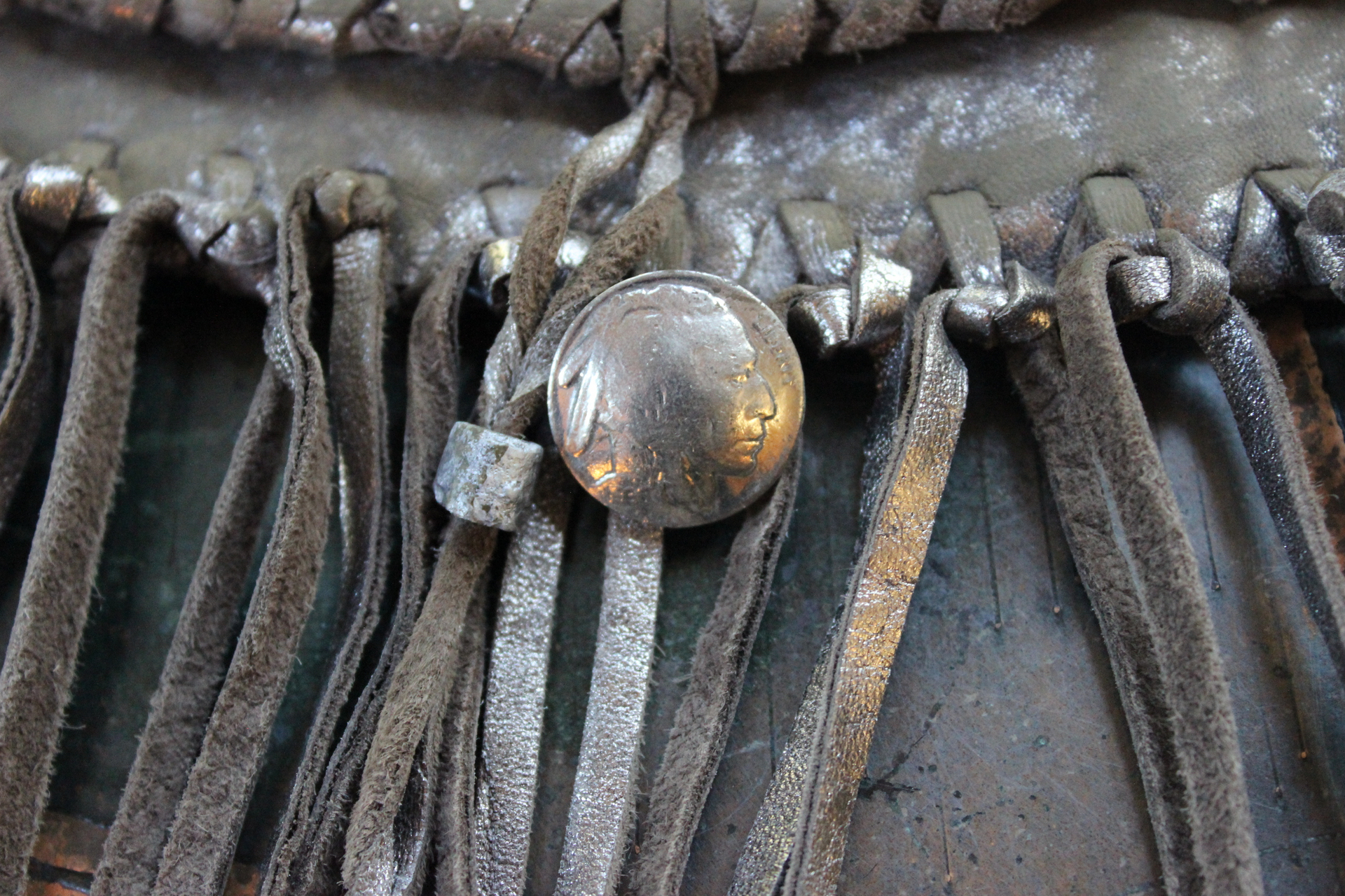 Totem Salvaged Distressed Leather Fringe Bag with Engraved Sterling Medallion and Buffalo Nickel Closure