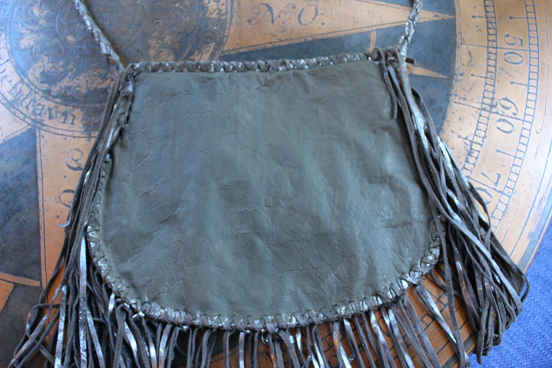 Totem Salvaged Distressed Leather Fringe Bag with Engraved Sterling Medallion and Buffalo Nickel Closure