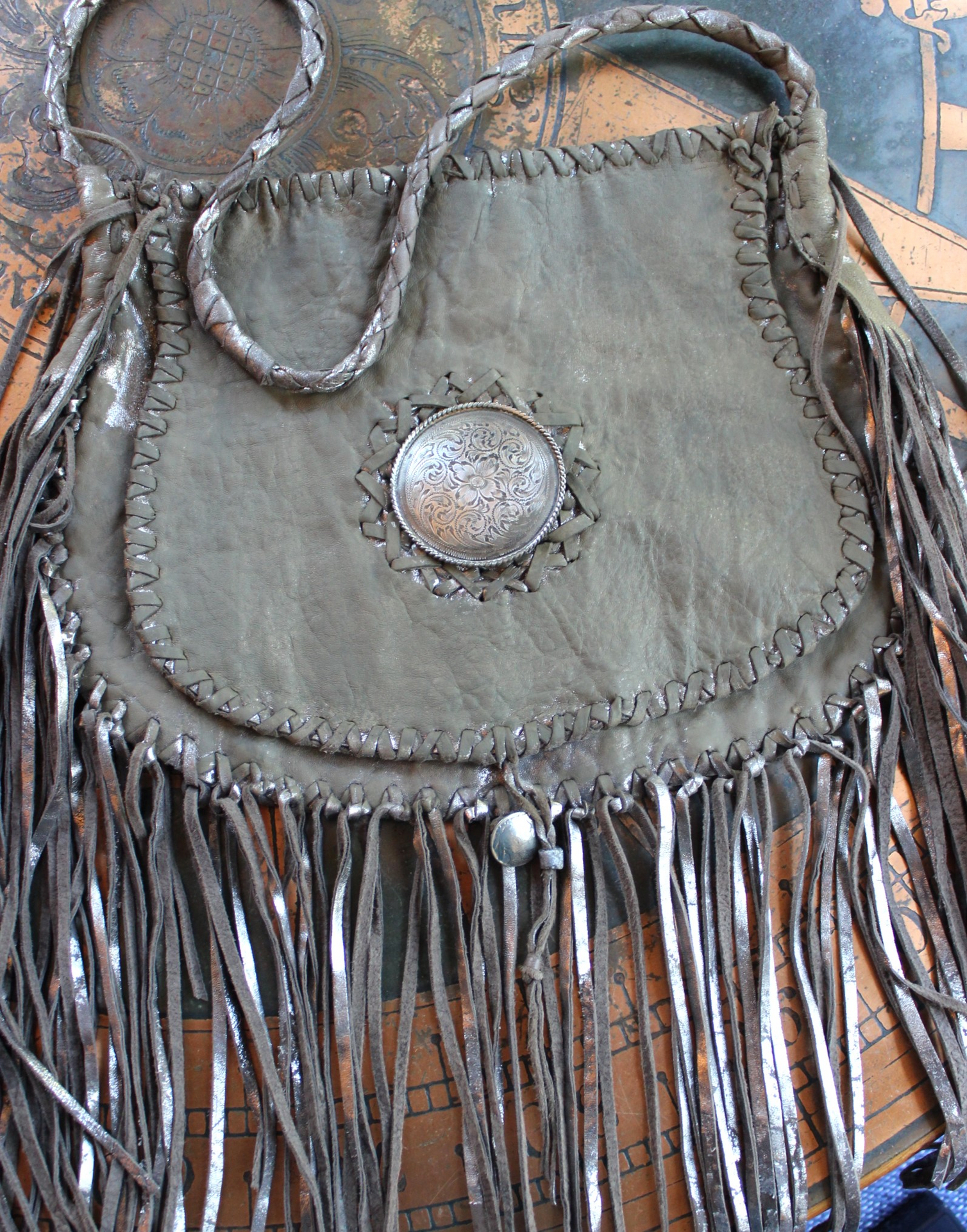 Totem Salvaged Distressed Leather Fringe Bag with Engraved Sterling Medallion and Buffalo Nickel Closure