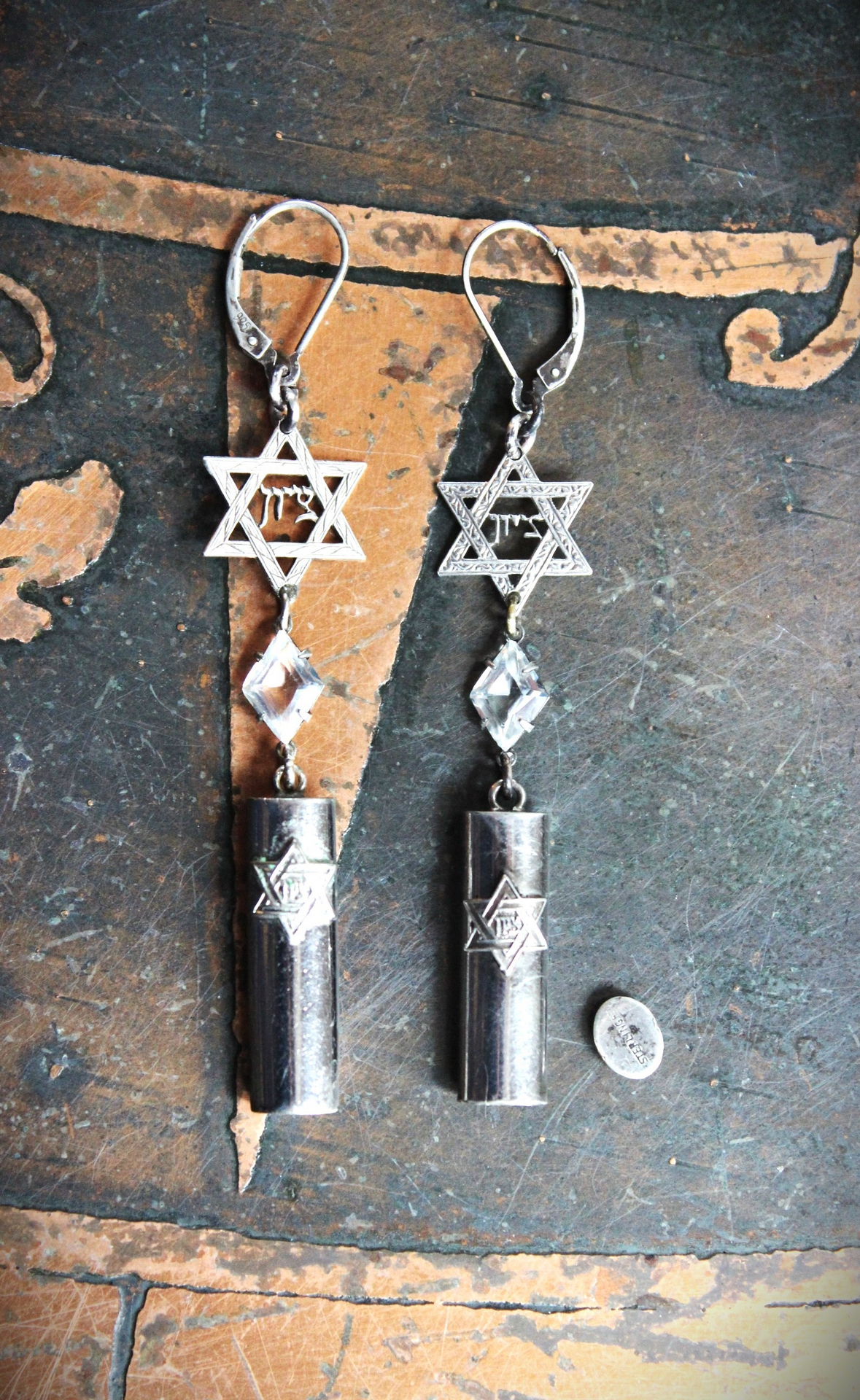 Covenant with God Earrings with Antique Sterling Star of David and Mezuzah Charms. Antique Faceted Rock Crystal Connectors, Sterling Earring Wires