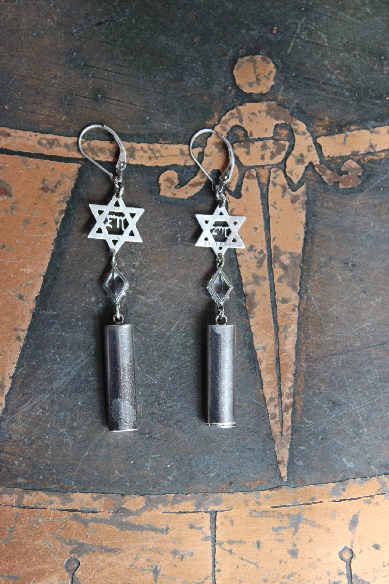 Covenant with God Earrings with Antique Sterling Star of David and Mezuzah Charms. Antique Faceted Rock Crystal Connectors, Sterling Earring Wires