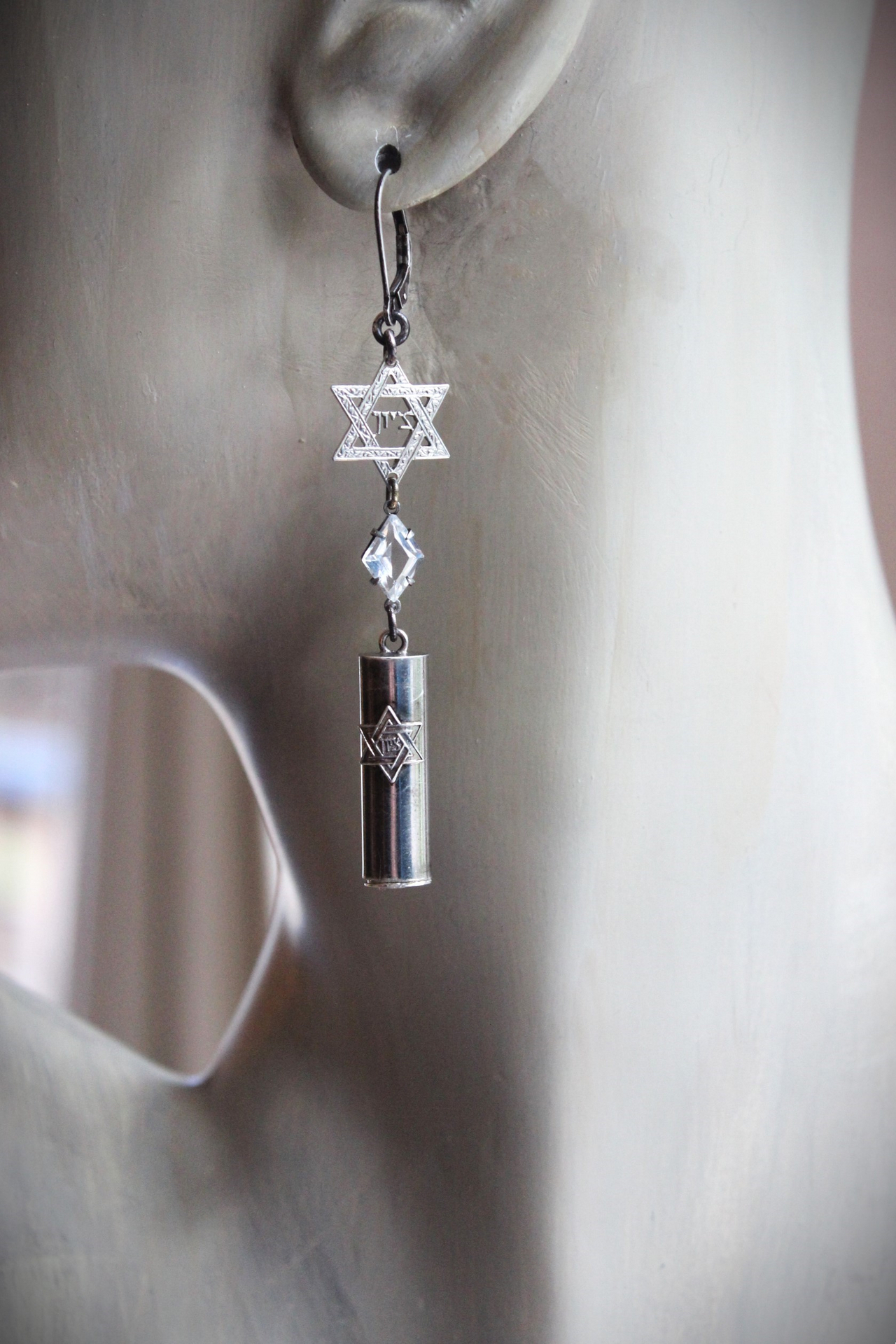 Covenant with God Earrings with Antique Sterling Star of David and Mezuzah Charms. Antique Faceted Rock Crystal Connectors, Sterling Earring Wires