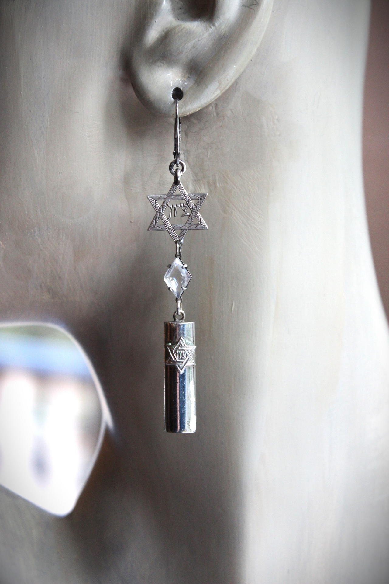 Covenant with God Earrings with Antique Sterling Star of David and Mezuzah Charms. Antique Faceted Rock Crystal Connectors, Sterling Earring Wires