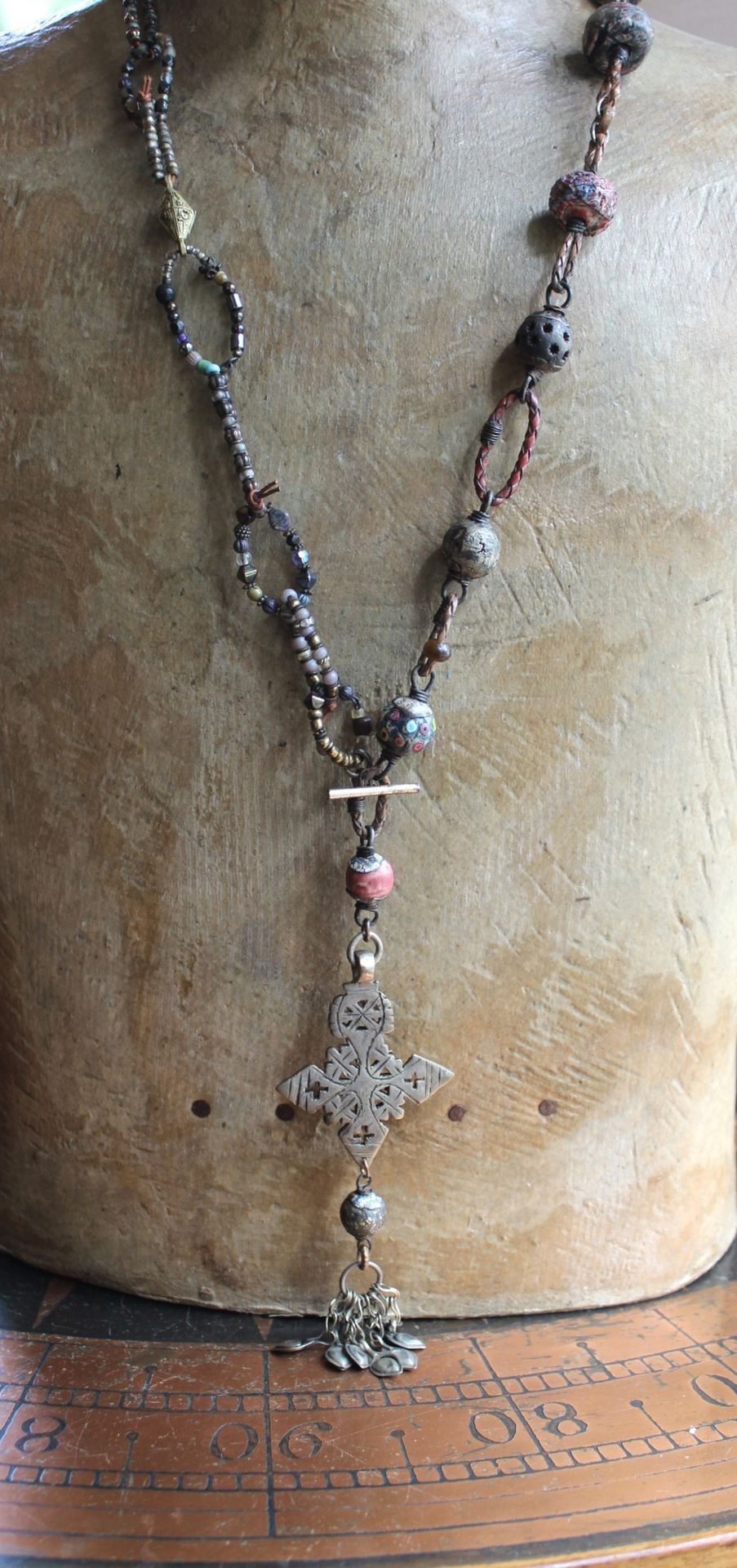 ON HOLD FOR P The Divine Lariat Necklace with Amazing Hand Made Beads, Antique Silver Coptic Cross, Sterling Toggle 