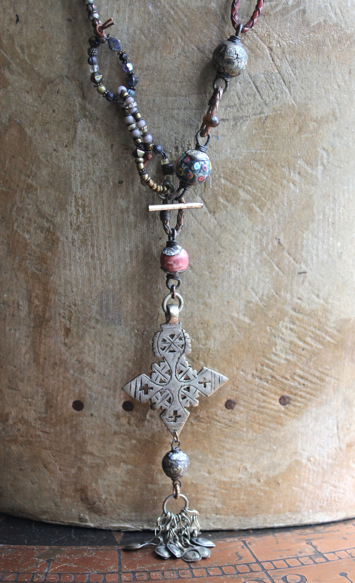 The Divine Lariat Necklace with Amazing Hand Made Beads, Antique Silver Coptic Cross, Sterling Toggle 