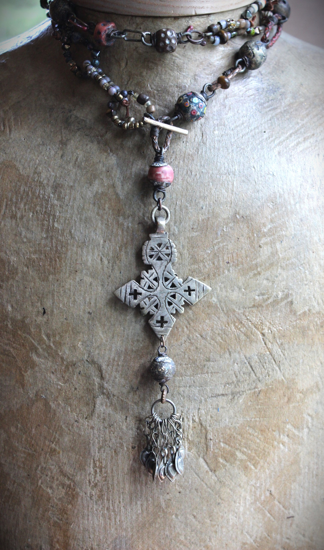 The Divine Lariat Necklace with Amazing Hand Made Beads, Antique Silver Coptic Cross, Sterling Toggle 