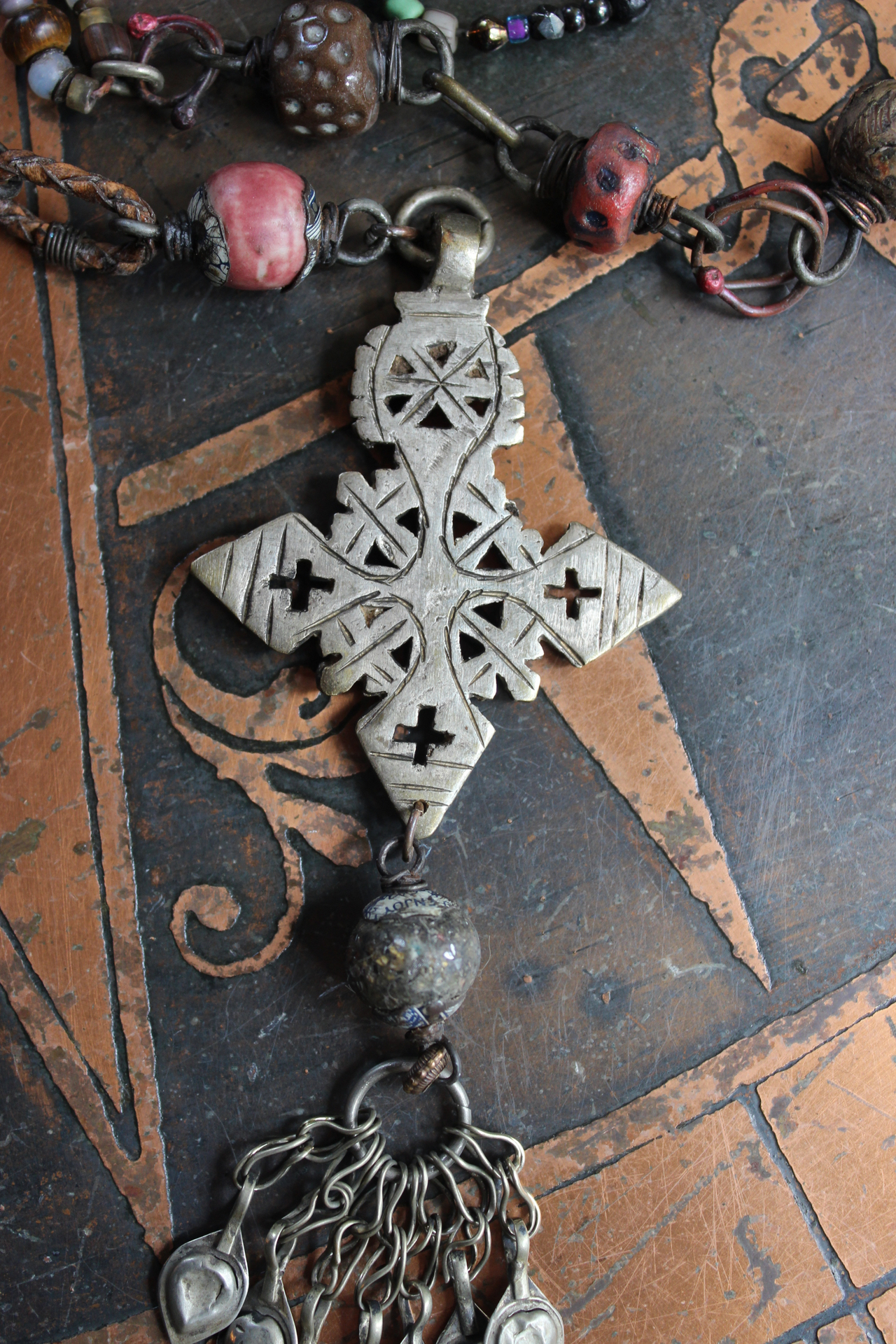 The Divine Lariat Necklace with Amazing Hand Made Beads, Antique Silver Coptic Cross, Sterling Toggle 