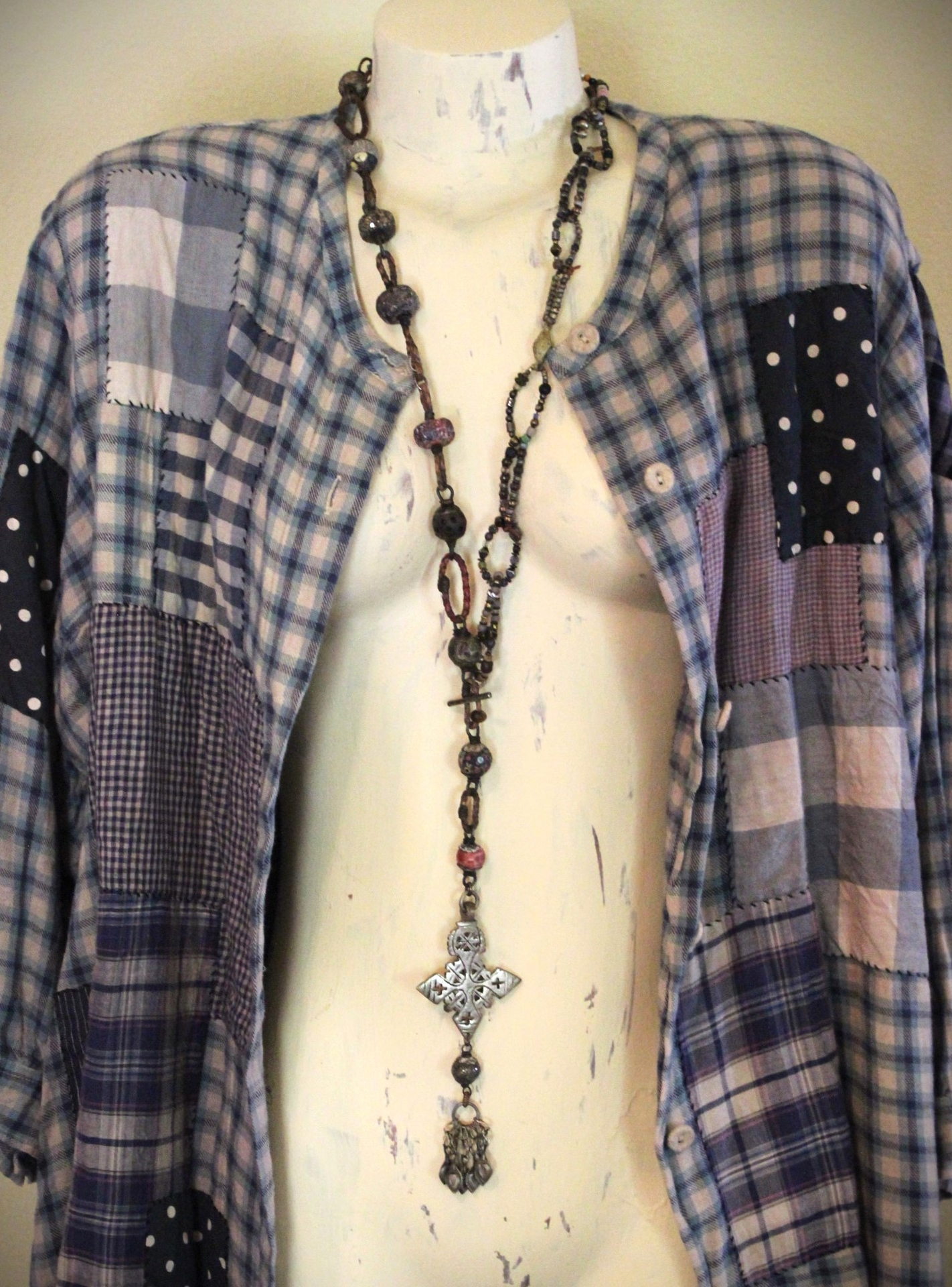 ON HOLD FOR P The Divine Lariat Necklace with Amazing Hand Made Beads, Antique Silver Coptic Cross, Sterling Toggle 
