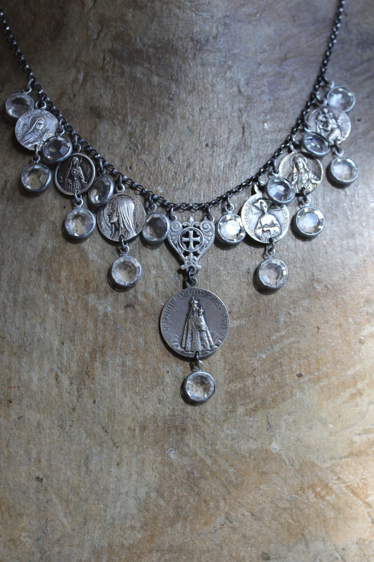 Rare Antique French Our Lady of Myans Necklace with Multiple Antique French Medals,Sterling Cross Connector, Faceted Crystal Drops and Sterling Chain