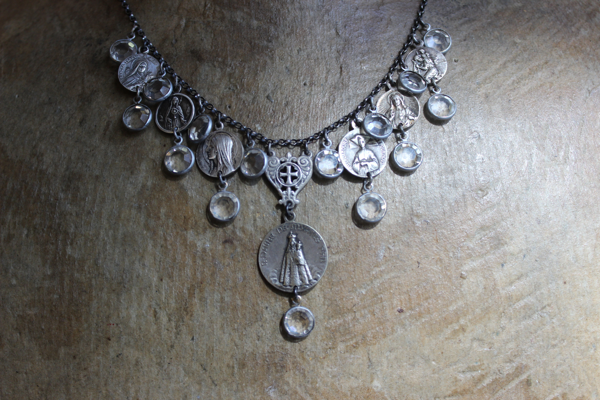 Rare Antique French Our Lady of Myans Necklace with Multiple Antique French Medals,Sterling Cross Connector, Faceted Crystal Drops and Sterling Chain