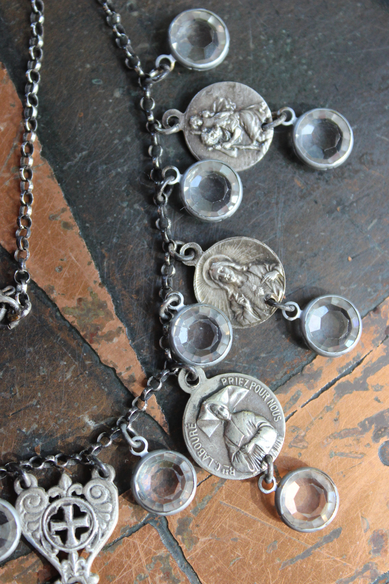 Rare Antique French Our Lady of Myans Necklace with Multiple Antique French Medals,Sterling Cross Connector, Faceted Crystal Drops and Sterling Chain