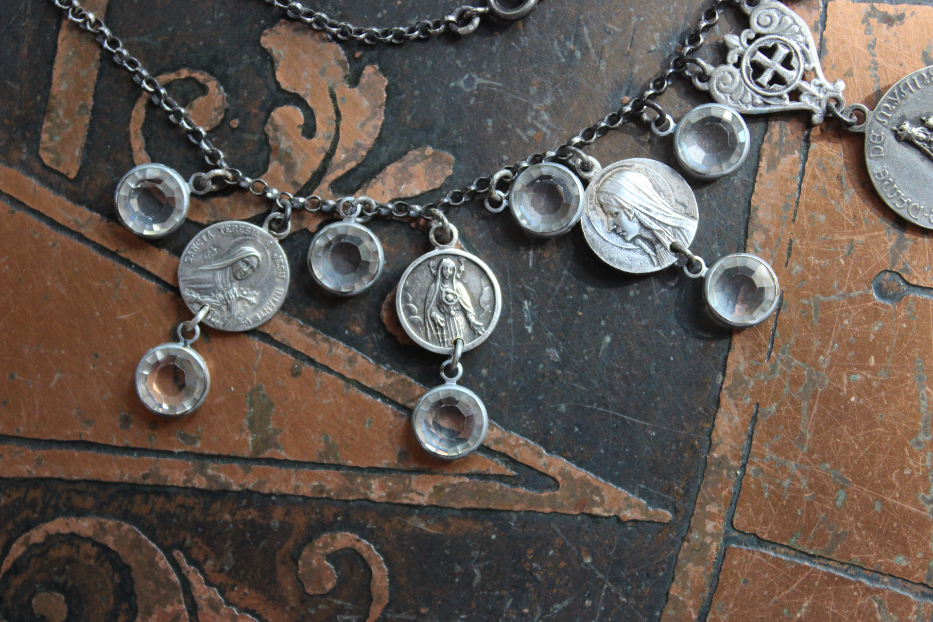 Rare Antique French Our Lady of Myans Necklace with Multiple Antique French Medals,Sterling Cross Connector, Faceted Crystal Drops and Sterling Chain