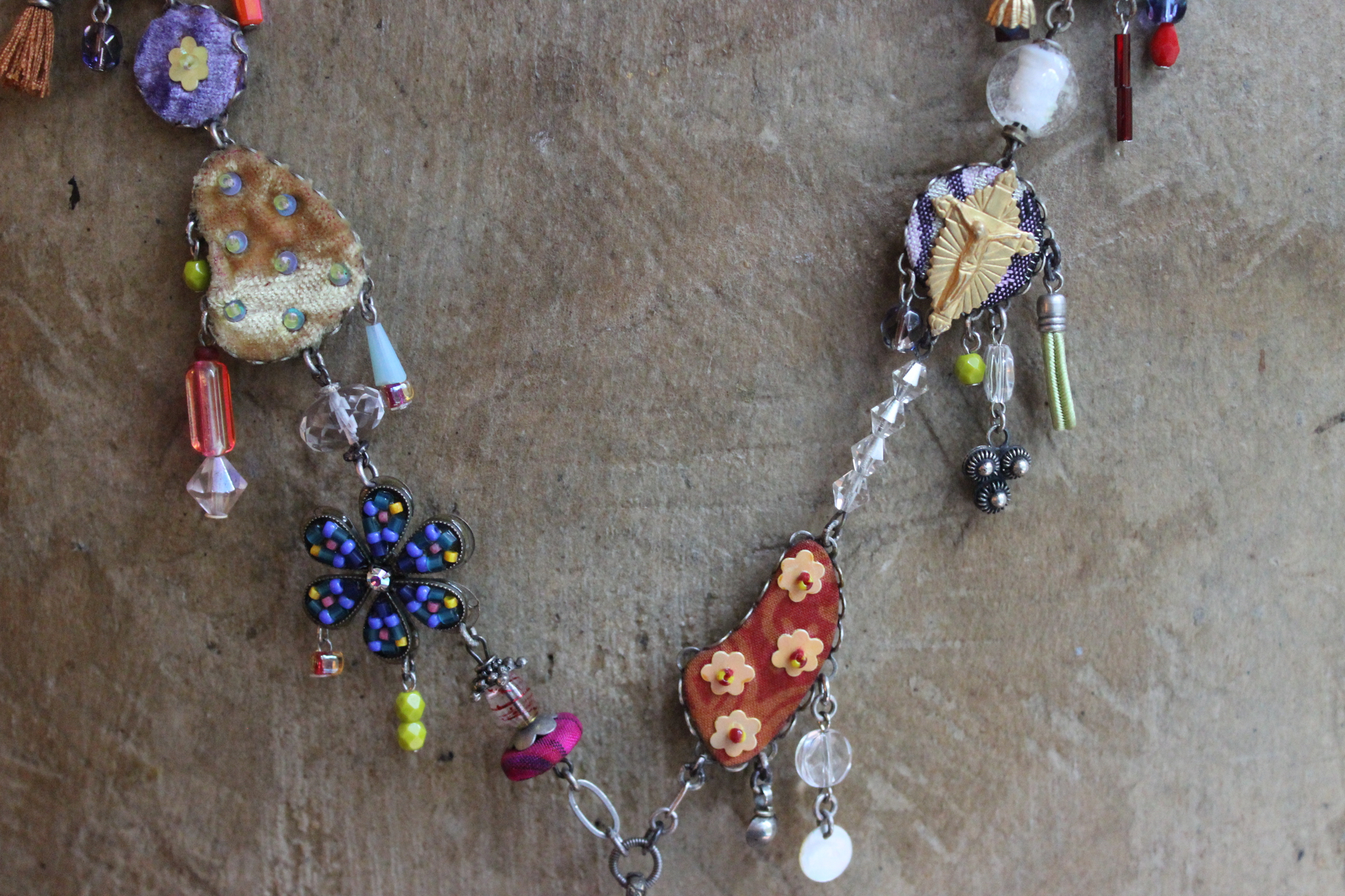 SOLD to J The Color of Thoughts Necklace with Intricate Goddess Pendant, Dozens of Unique Artisan Findings, Drops, and Beads