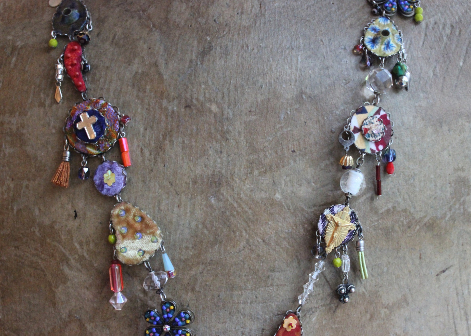 SOLD to J The Color of Thoughts Necklace with Intricate Goddess Pendant, Dozens of Unique Artisan Findings, Drops, and Beads