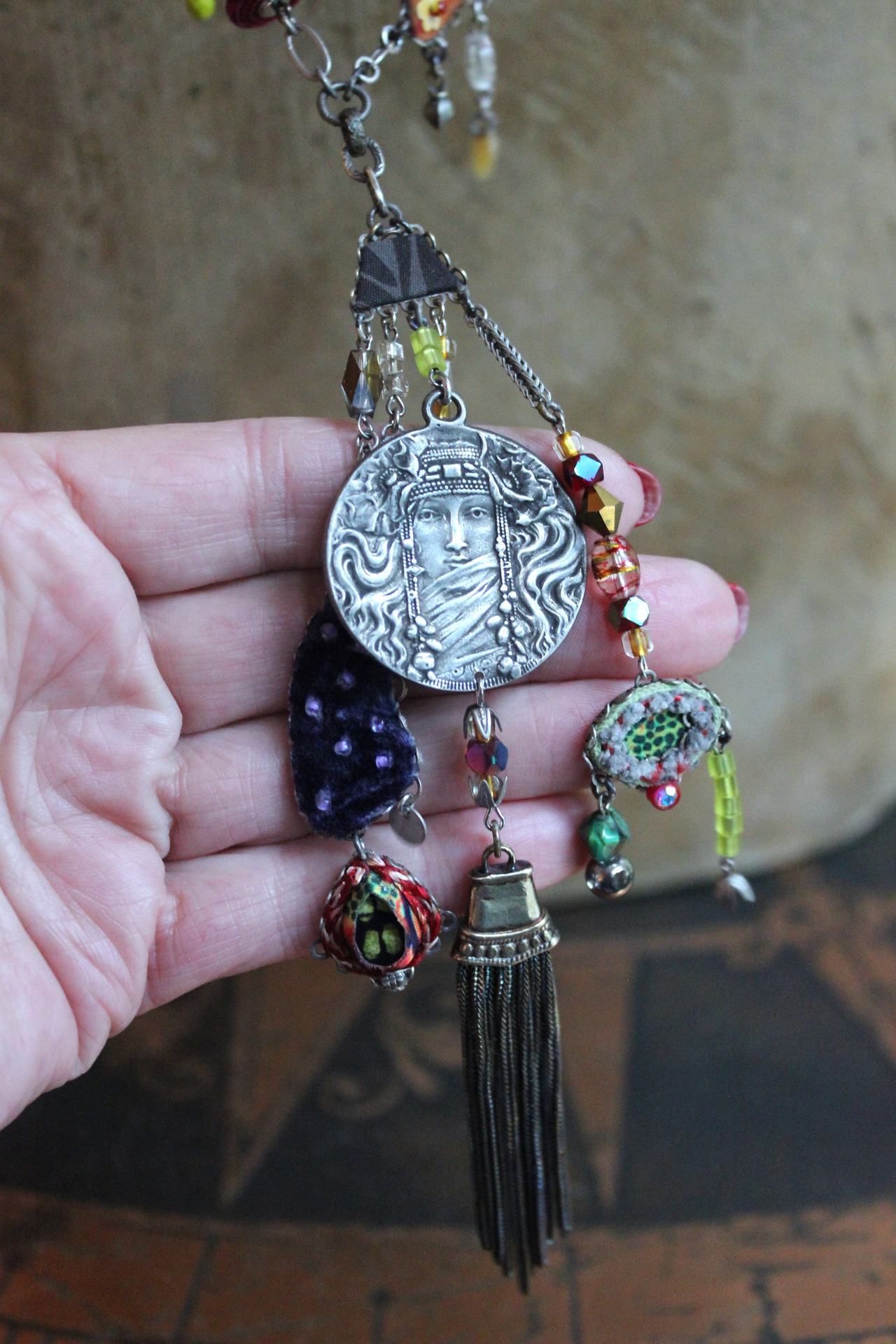 SOLD to J The Color of Thoughts Necklace with Intricate Goddess Pendant, Dozens of Unique Artisan Findings, Drops, and Beads